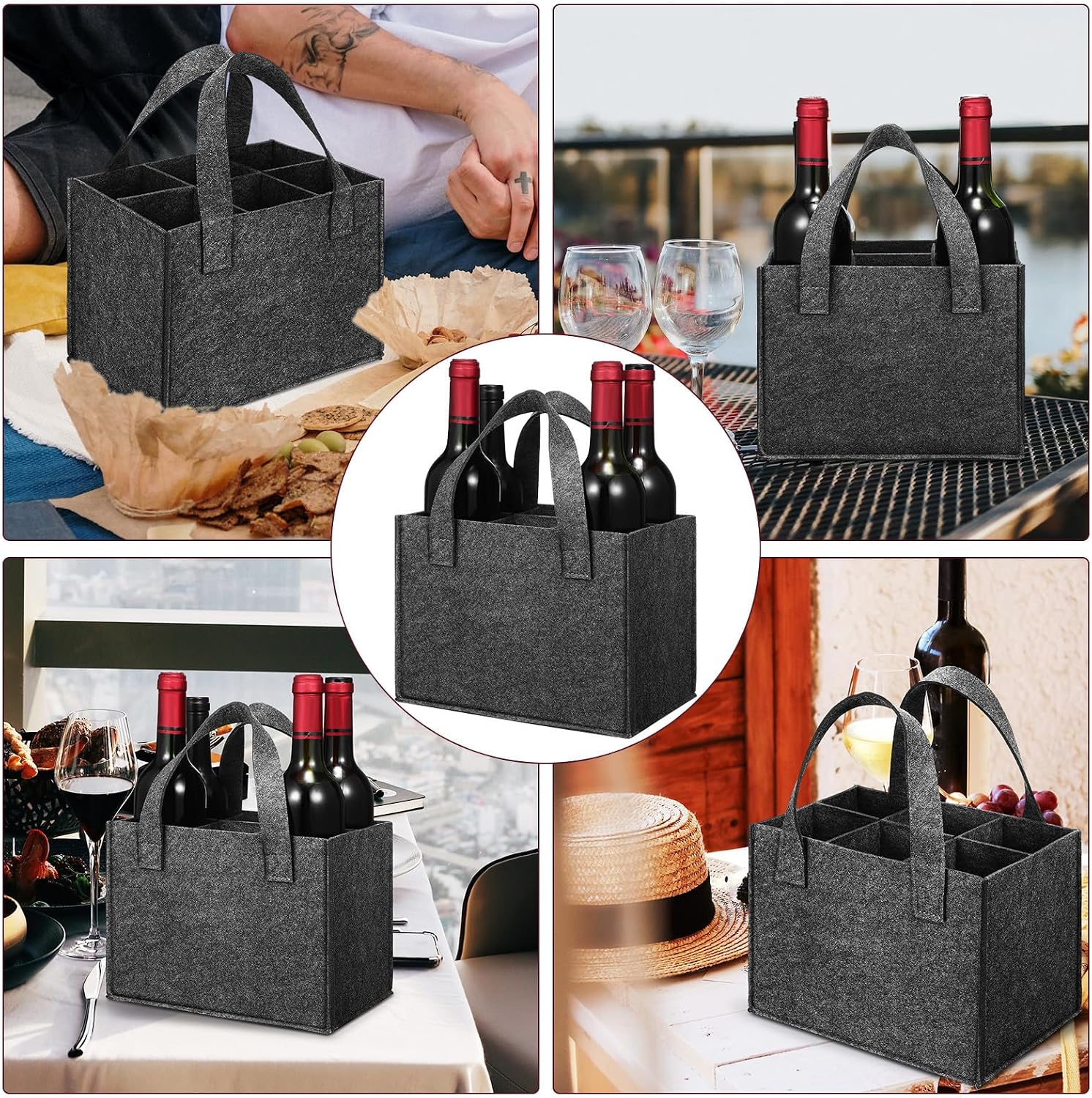 2pcs Reusable Wine Bottle Holder Bag with Six Compartments and Handle Design Lightweight Non-woven Fabric Wine Tote for Parties and Home Space Saving