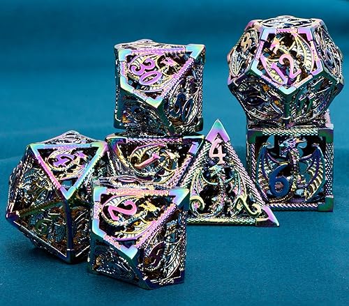 Miniatura 5 de ARUOHHA Juego de dados de metal huecos DND con diseño de dragones arcoíris D y D, juegos de rol RPG, dados poliédricos de mazmorras con caja de