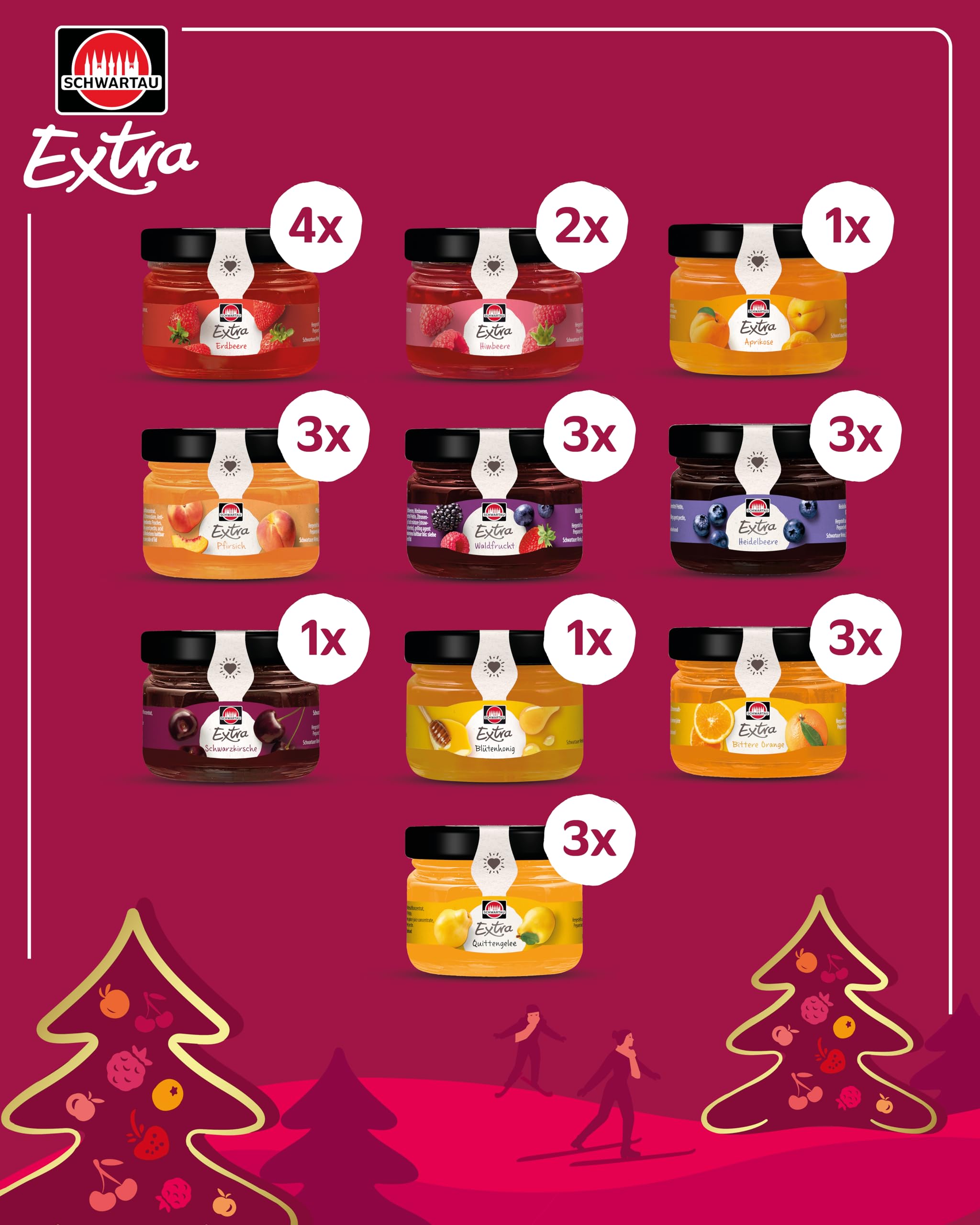 Schwartau Adventskalender 2025, Weihnachtskalender Geschenk mit Mini Marmelade, Konfitüre, Gelee und Honig, 24 Fruchtaufstrich & Honig Portionsgläser, Probierset zu Weihnachten, Advent und Feiertage