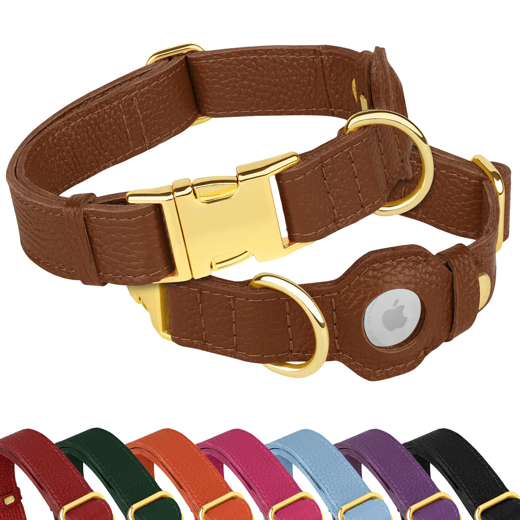 Leather Airtag Dog Collar - Soft Tracking Dog Collar with Apple AirTag Holder and Metal Buckle - Safety GPS Pet Collars for Small Medium Large Dogs