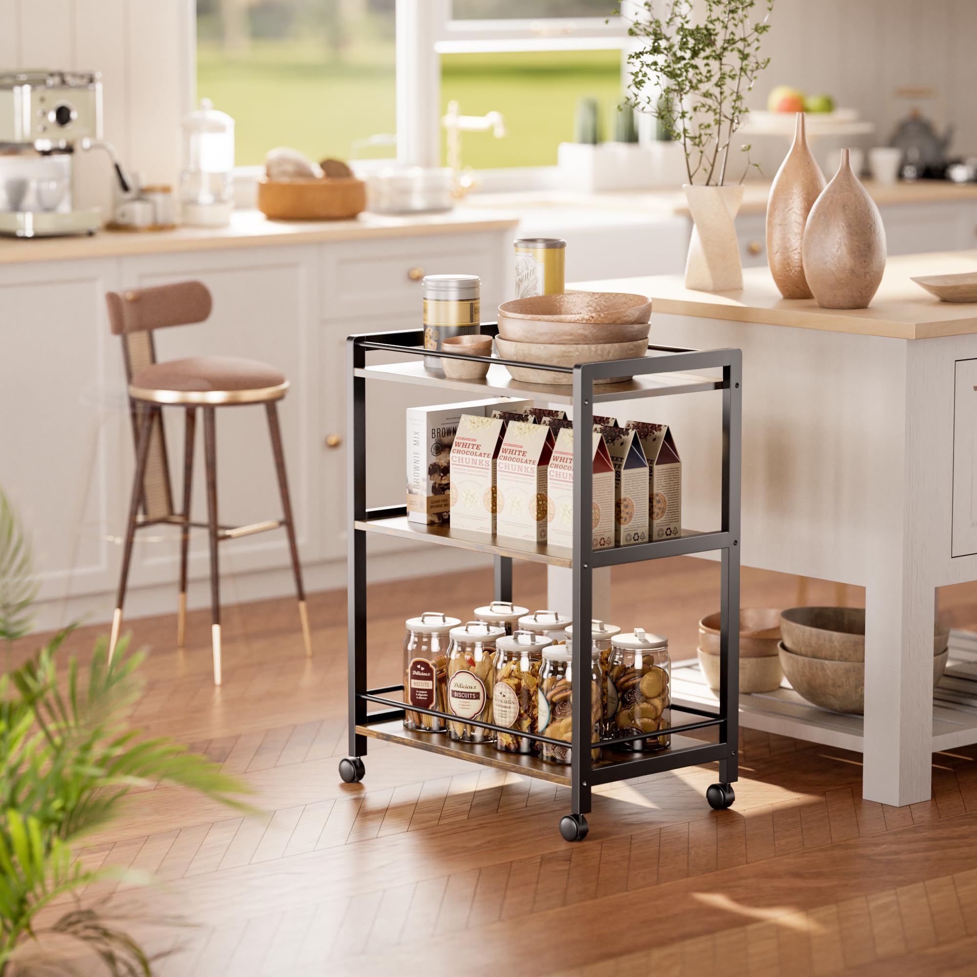 HITNET Carrello da bar, Carrello Mobile per Bevande a 3 Livelli, carrello da cucina con ruote e ripiani portaoggetti per soggiorno, cucina, feste, Marrone rustico e nero