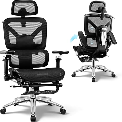Silla de oficina ergonómica con reposapiés, silla de escritorio grande y alta, silla de computadora con respaldo alto con brazos abatibles 6D y