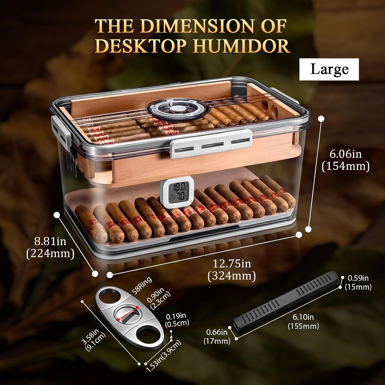100-Count Transparent Cigar Humidor - PP Material Box with Built-in 2 Humidifiers, Hygrometer & Cigar Cutter, Lid Time Scale, Luxury Gift for Cigar Lovers
