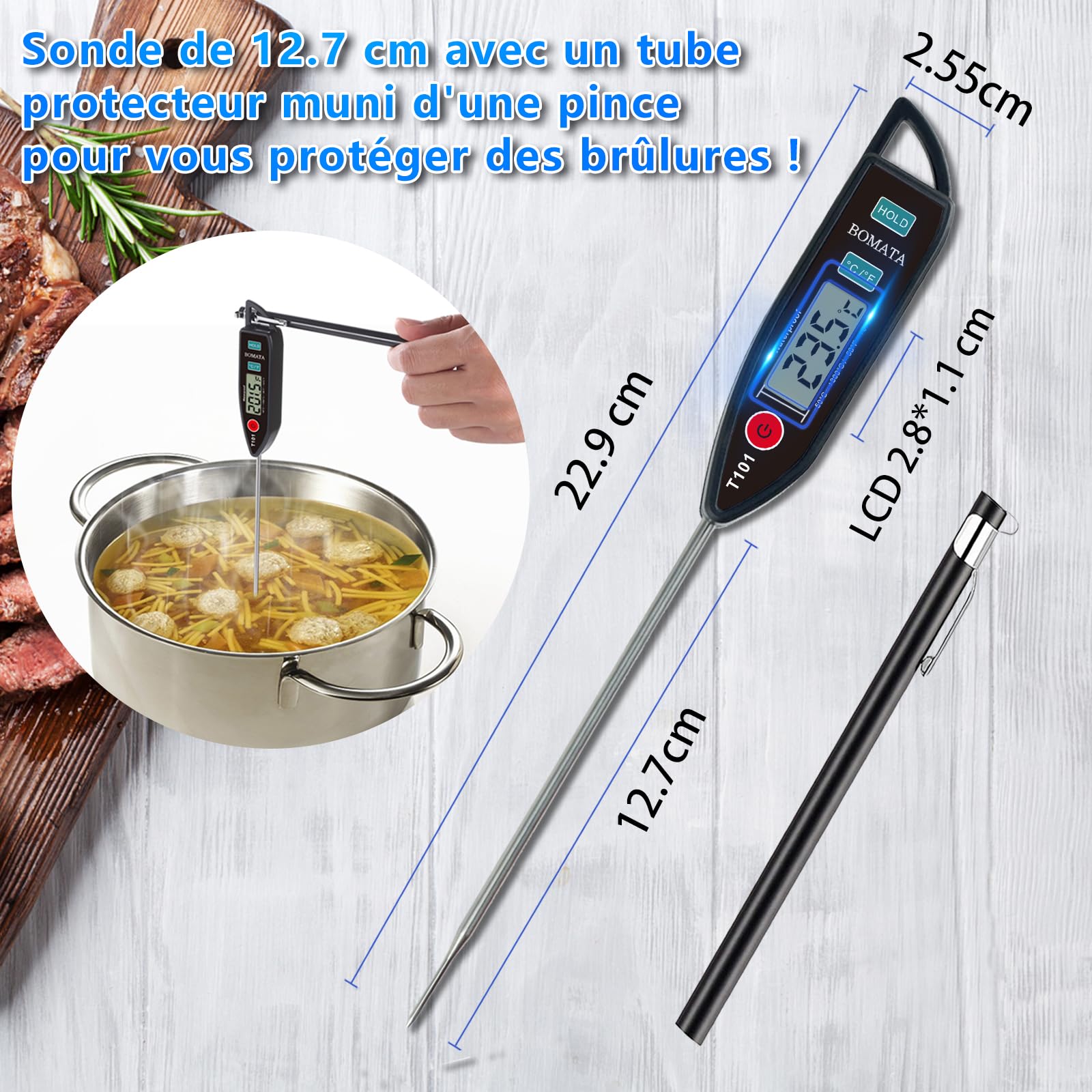 BOMATA Thermomètre étanche IPX7 T101 Noir, sonde longue lecture instantanée