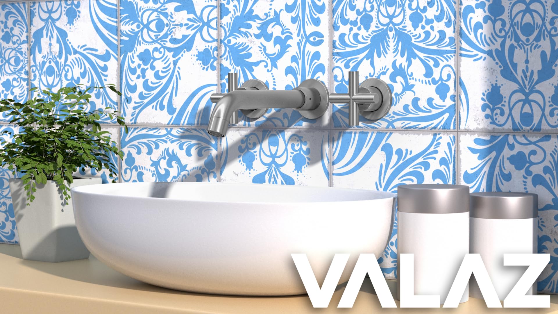 VALAZ Grifo Lavabo Bimando Acero Cepillado Empotrado | Protección PVD, Mezclador Agua Fría y Caliente | Instalación Fácil y Rápida | Latón, Inoxidable, Redondo, Caño 21 cm, Serie Nalon
