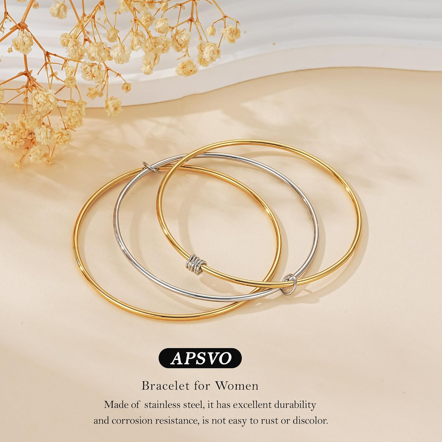 Apsvo Bangles Bracelets for Women, 14k Gold Plated and Silver Bracelet Handmade Triple Layer Stacking Gold Bangle Jewelry Gifts for Women - Image 3