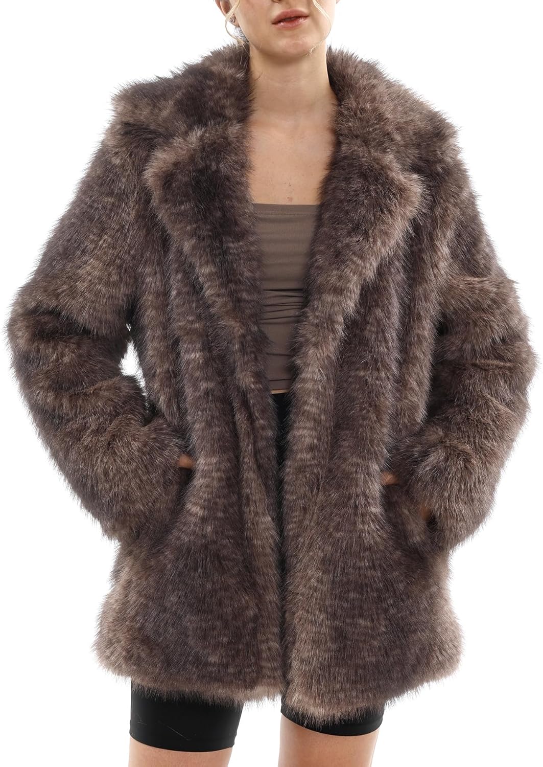 Amazhiyu Women's Faux Fur Coat Open Front Fluffy Jackets Winter Lapel Outerwear - Image 5