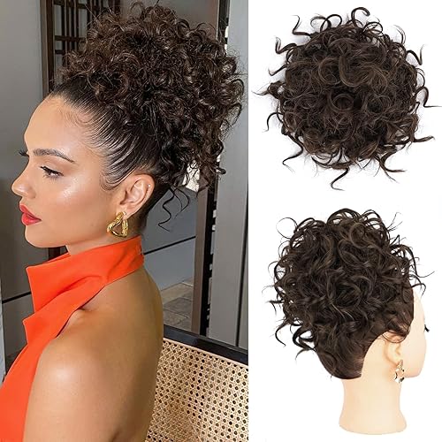 Miniatura 18 de Lommel - Extension de pelo con moño desordenado corto, cola de caballo rizada, extensión de pelo sintético con cordón elástico, ondas sueltas, moños