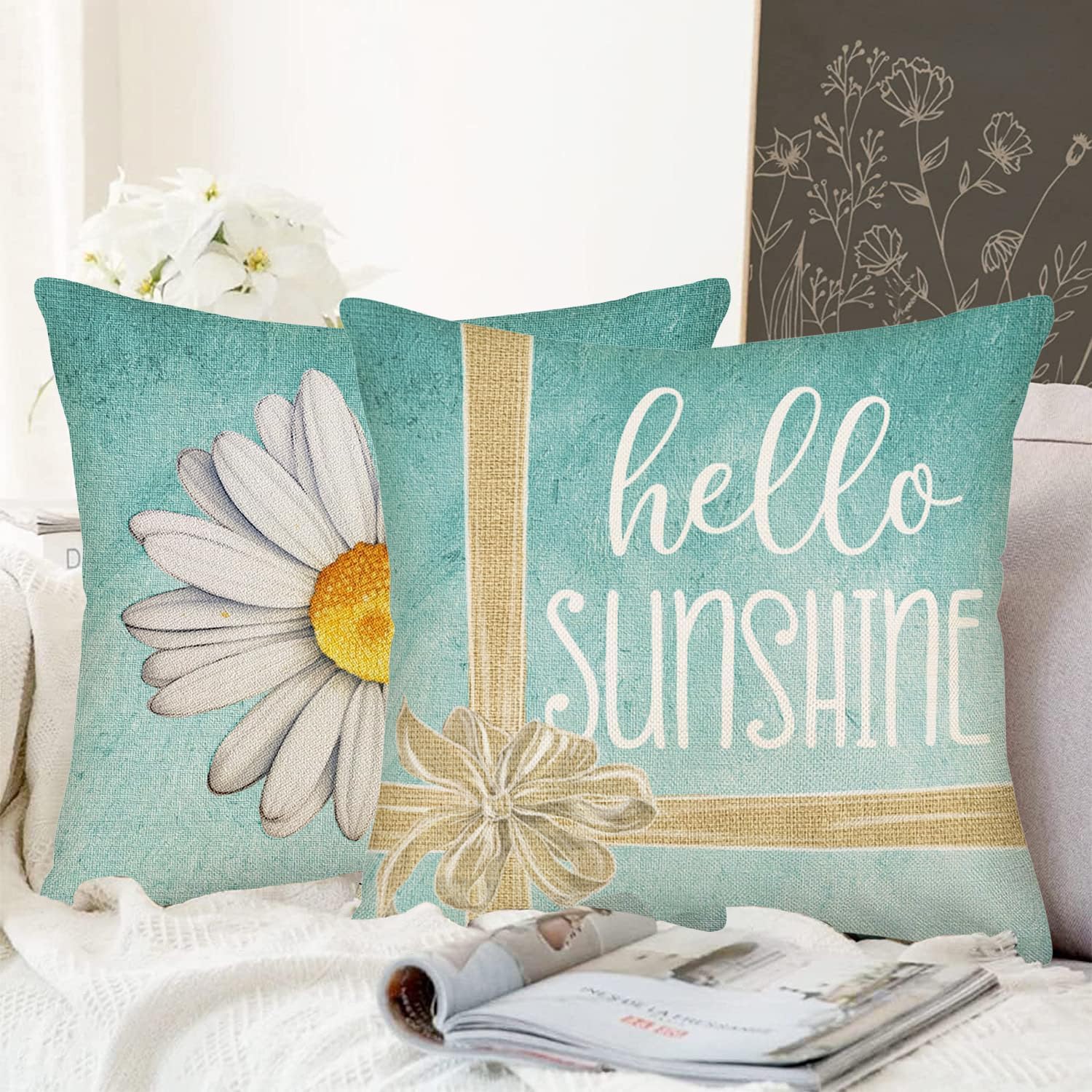 Fukeen Daisy Flower Pillow Covers 22 x 22 Inch Set of 4 Blue White Floral Decor Hello Sunshine Blossom Flower Throw Pillows Plants Spring Summer Farmhouse Decorative Cushion for Couch Bed Sofa