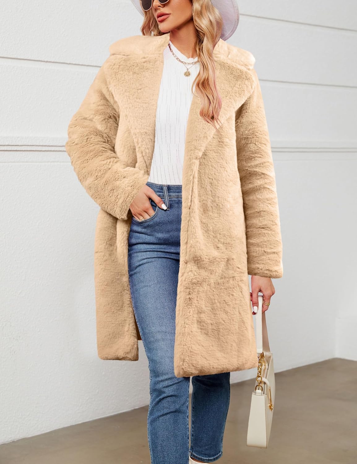 Womens Long Faux Fur Coats Lapel Faux fur Jacket Fluffy Coats Fuzzy Winter Jacket with Pockets - Image 3