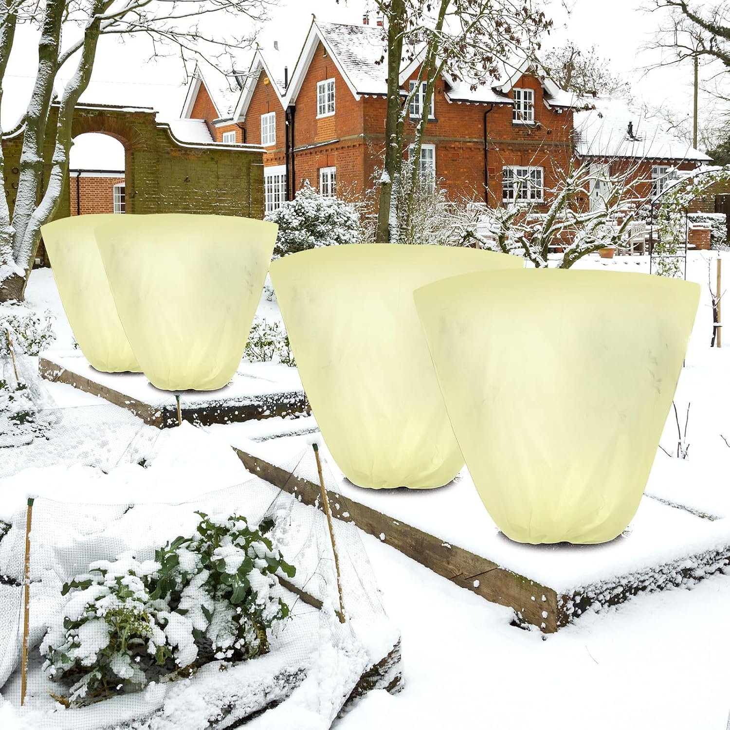 10 Pcs 47x47 Inch Plant Covers Freeze Protection Reusable Plant Protector Frost Cloth Warm Blankets, Winter Bush Covers Freeze Protection with Drawstring for Outdoor Garden(Beige)