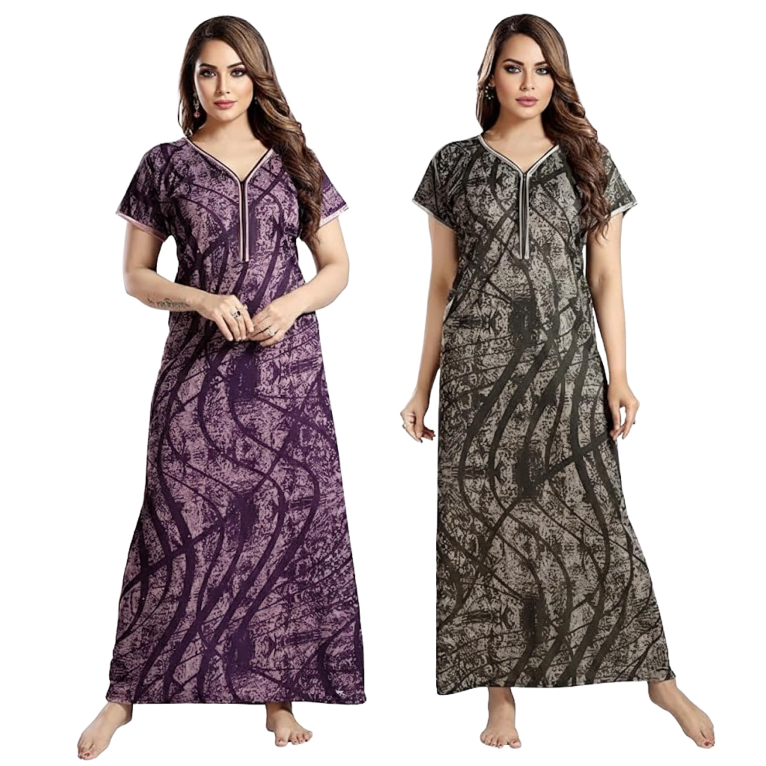 Women Nighty Pack of 2 | Cotton Blend with Front Zip Night Gown | Bio Wash Soft Fabric | Breathable Printed Maxi Nightdress for Ladies Comfortable Sleepwear-picture-20