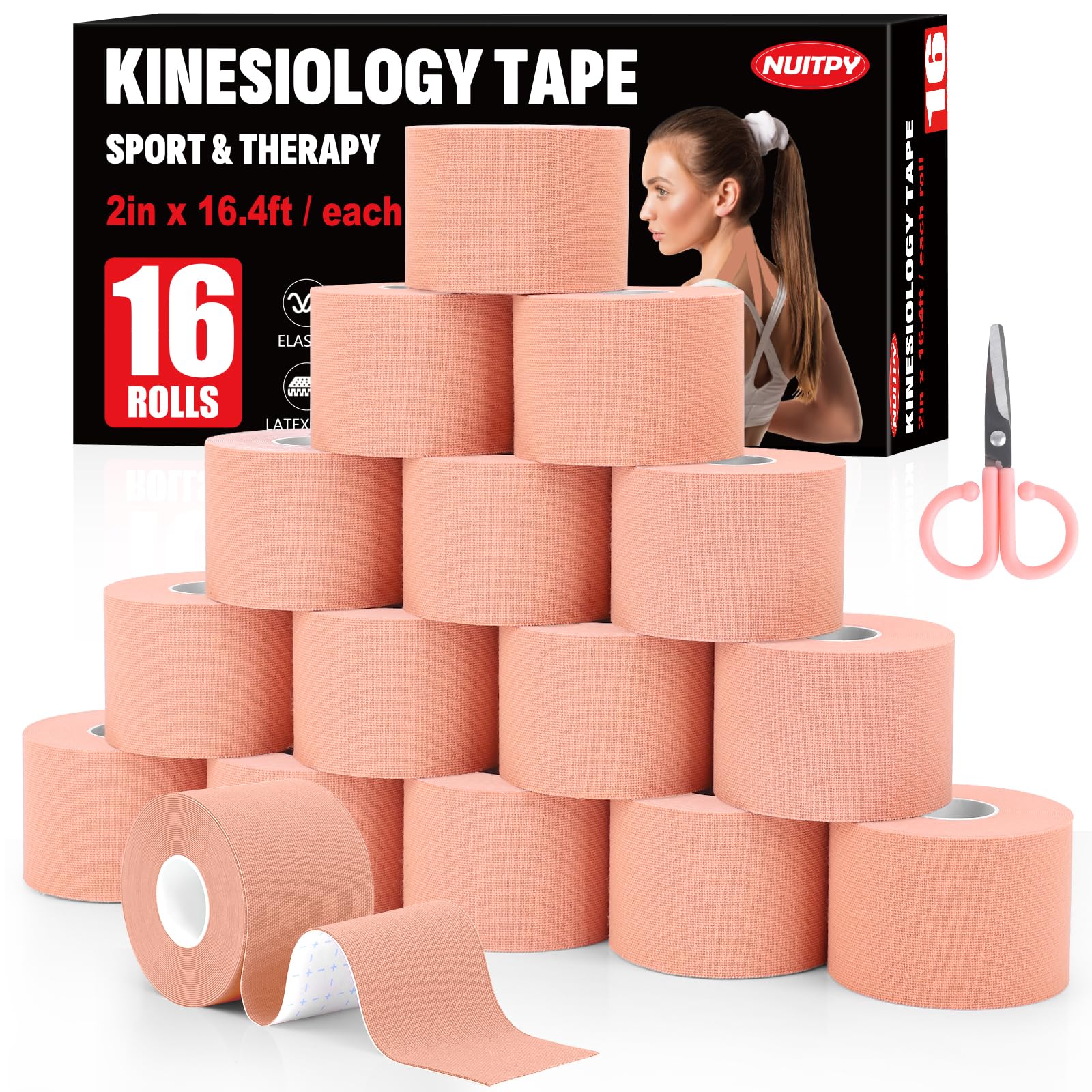 16 Rolls Skin Color Kinesiology Tape, 2 inch x 16.4 Feet Kinetic Tape