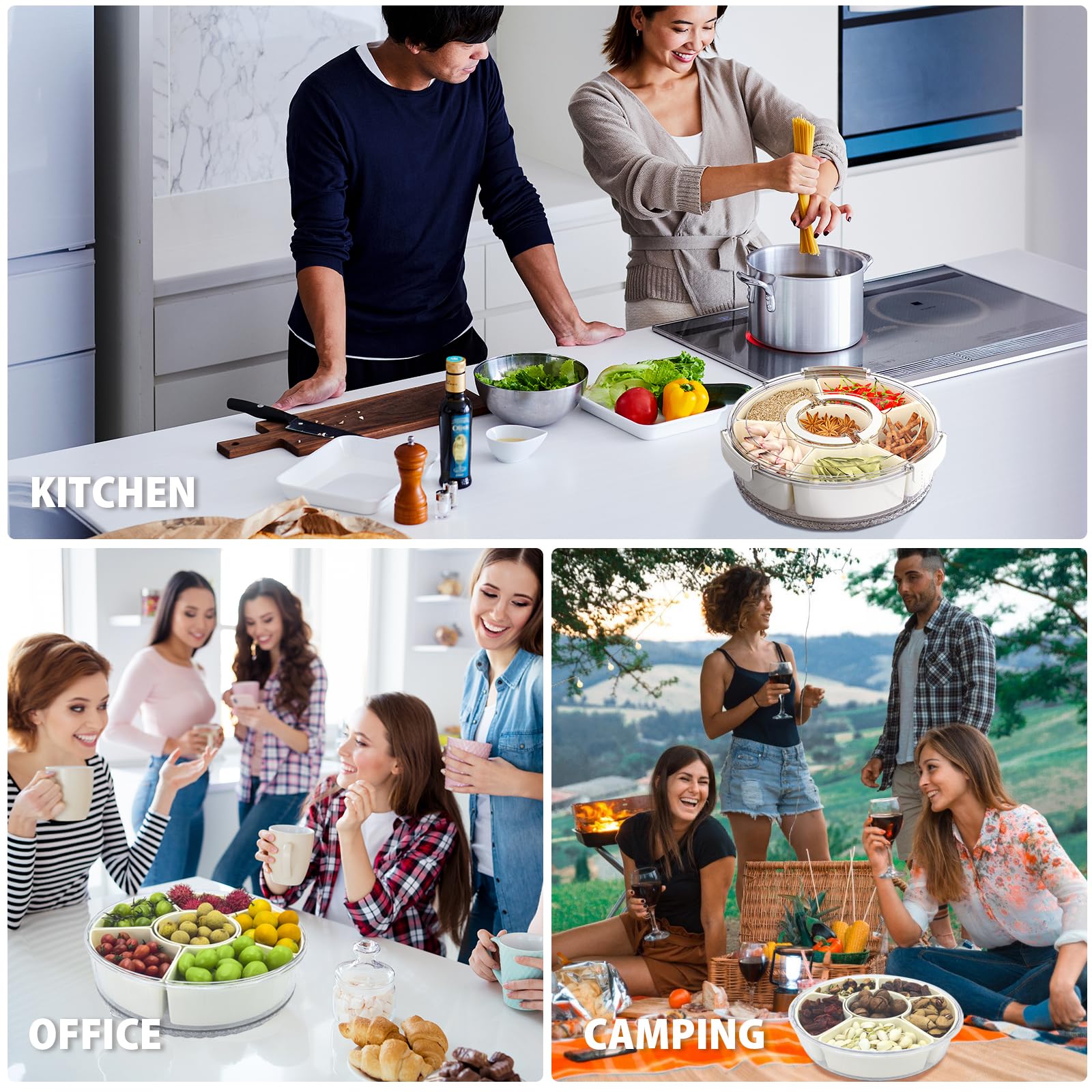 manaraha Snackle Box Container with Lid and Handle,Rotating Snack Spinner, Fridge Organizer and Deli Containers,Kids and Adults Snack Boxes,Spice Tray, Fruit Platter for Party and Picnic (12