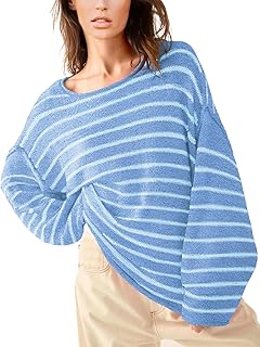 Sponsored Ad - Outfeel Women's Oversized Striped Fuzzy Pullover Top Long Sleeve Round Neck Dropped Shoulders Sweater S-XL
