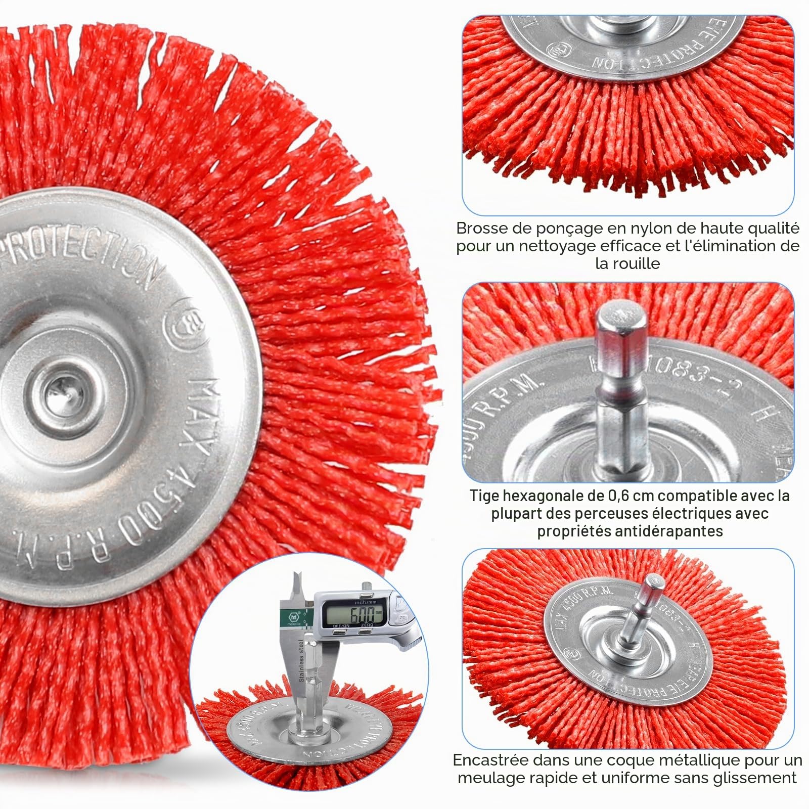 8 Pièces Brosses Abrasives Nylon pour Perceuse, Brosse Nylon Perceuse avec Tige Hexagonale 1/4", Outils Abrasifs Poncage Bois, Brosse Perceuse pour Enlever Rouille, Corrosion, Peinture