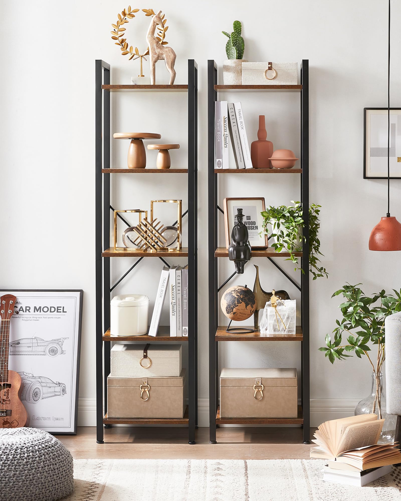 VASAGLE Librería de 5 Niveles, Biblioteca, Estantería para Oficina, Estudio, Sala de Estar, Dormitorio, 30 x 40 x 153 cm, Industrial, Marrón Rústico y Negro Tinta LLS100B01