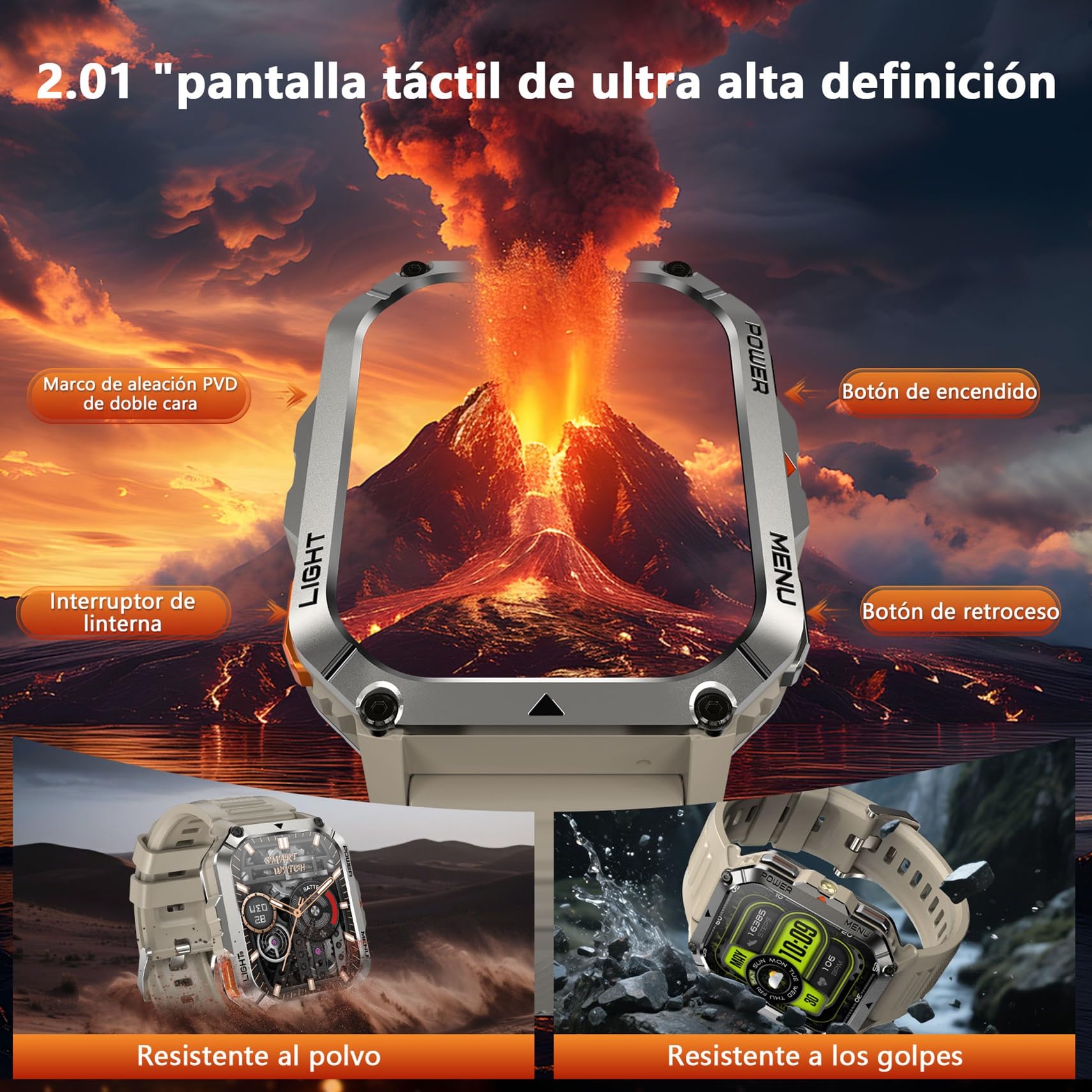 Blackview Reloj Inteligente Hombre Militar - Linterna y Brújula, 2.01"Smartwatch Hombre con 100+ Modos Deportivos, Llamadas Bluetooth/Notificación, Pulsómetro/Oxímetro/Sueño, Pulsera Actividad, Caqui