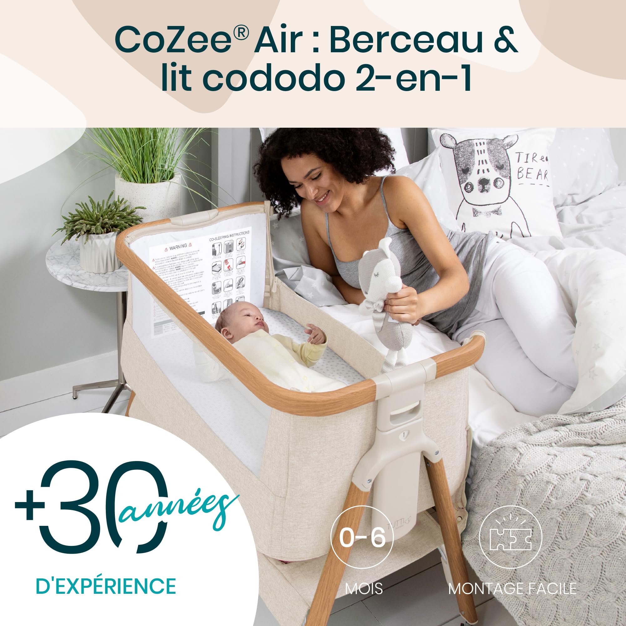 Tutti Bambini CoZee® Air Berceau Bébé & Lit Cododo - Lit Bébé Pliable avec Sac de Transport - Matelas Deluxe Respirant & 6 Hauteurs Réglables - 0-6 Mois (Noyer & Écru)