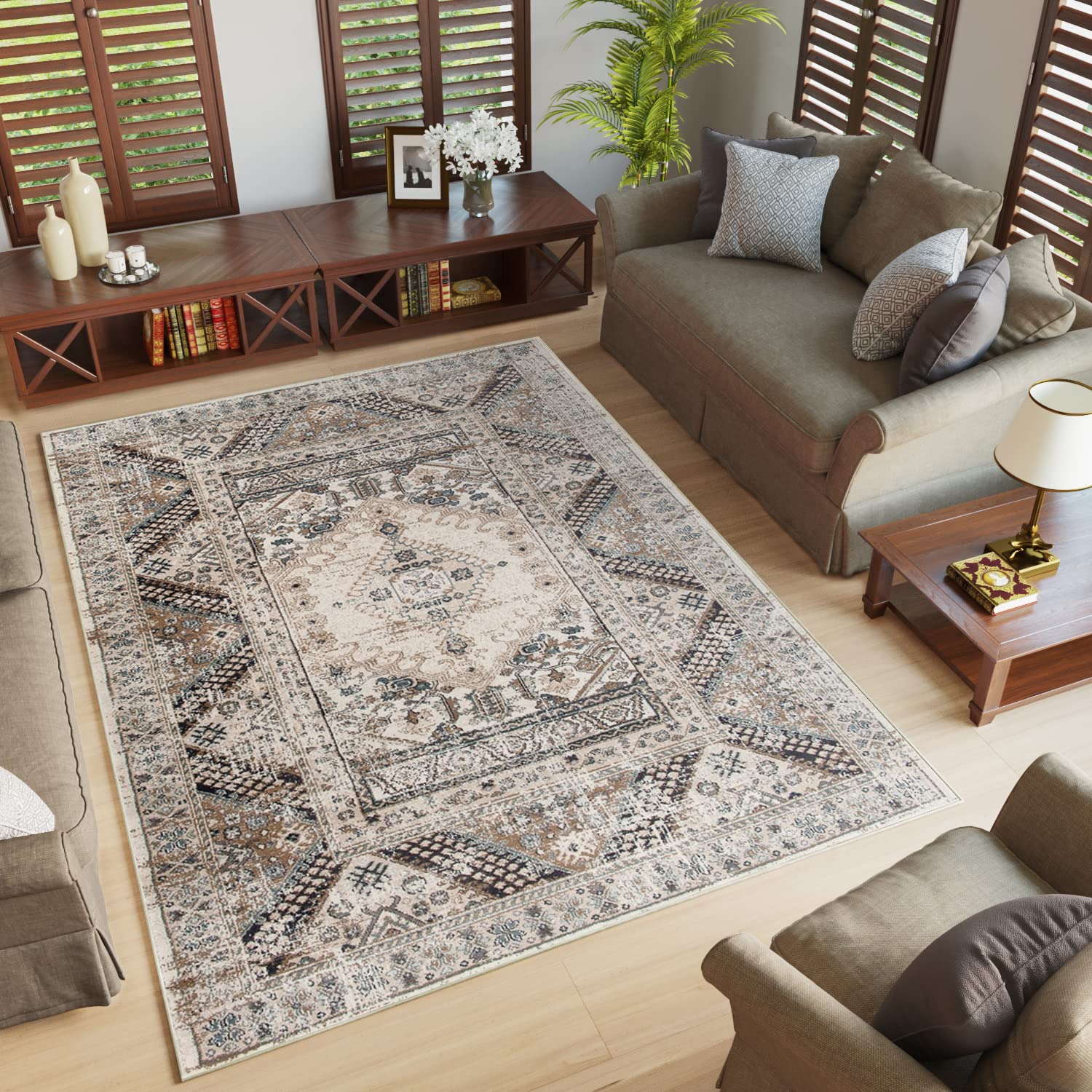 TAPISO Dubai Tapis Poil Court Traditionnel Crème Beige Bleu Motif Vitre Ornamental Bordure Moucheté Tapis Salon Chambre Salle à Manger Bureau Oeko-TEX Résistant 140 x 200 cm