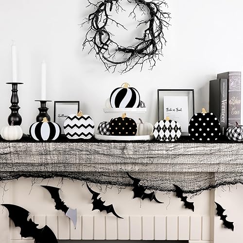 Miniatura 5 de Treory Decoraciones de mesa de Acción de Gracias decoración de bandeja escalonada de 6 quilates con calabaza blanca y negra, calabazas de otoño con