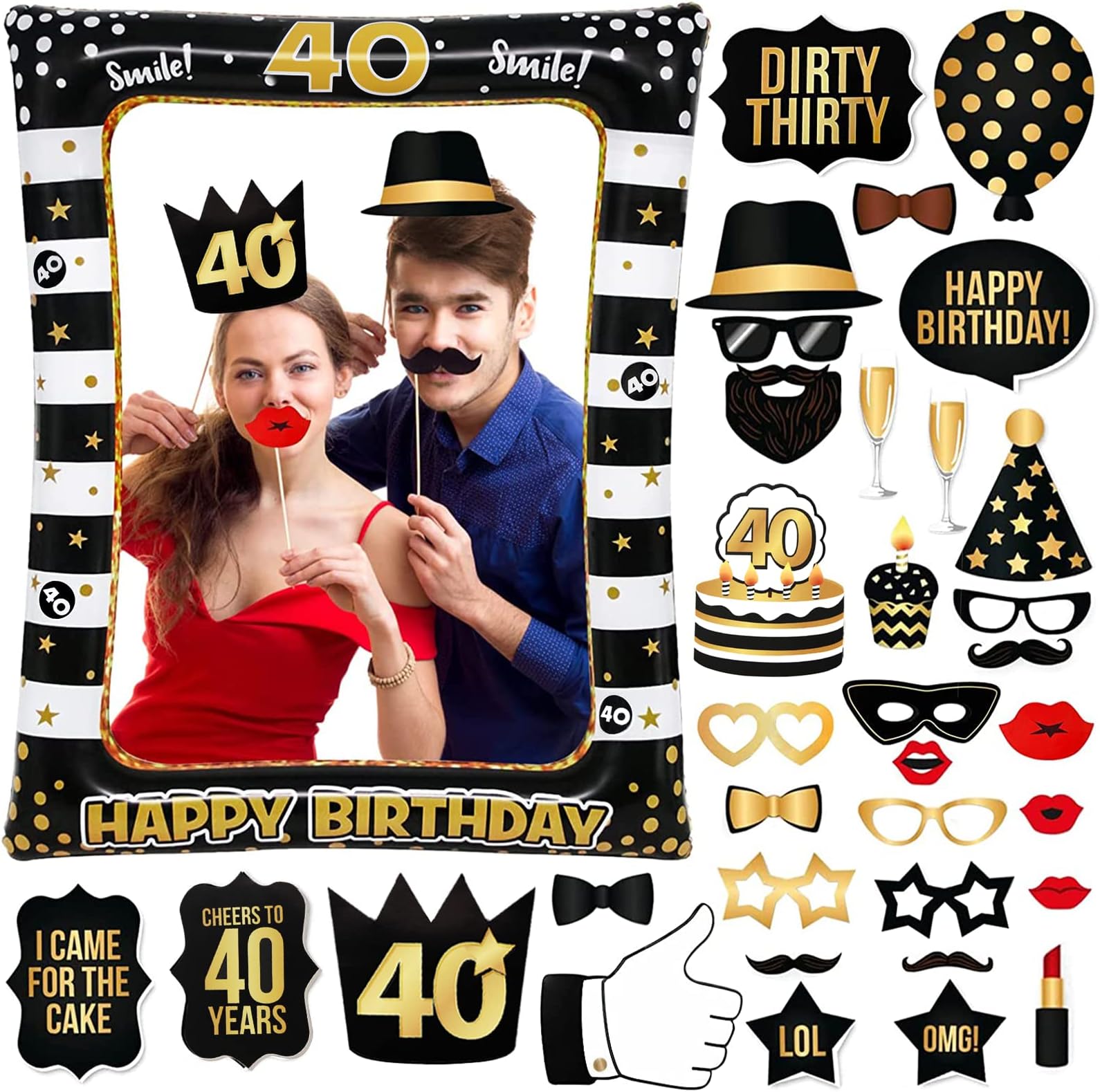 40th Birthday Photo Booth Props and Inflatable Selfie Frame, 35 Pcs 40th Funny DIY Birthday
