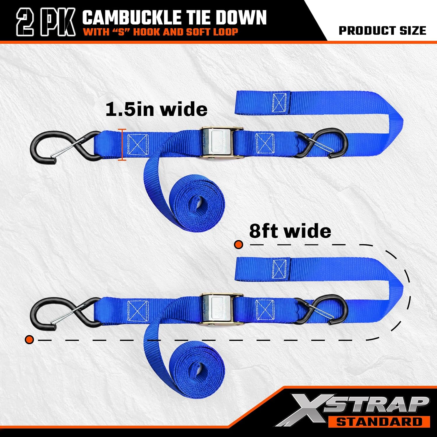XSTRAP STANDARD 2-PK Motorcycle Straps Cambuckle Tie Down 1.5" X 8FT, Blue
