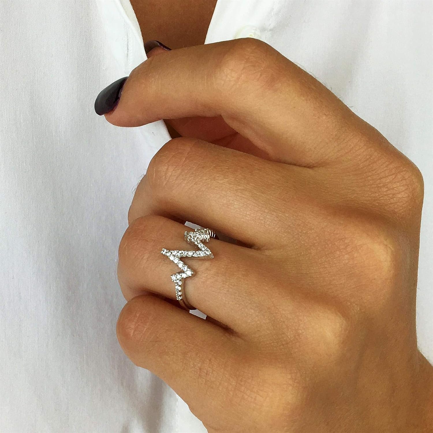 Silverly Women's 925 Sterling Silver Cubic Zirconia Wave Zig Zag Heart Beat Ring image 3