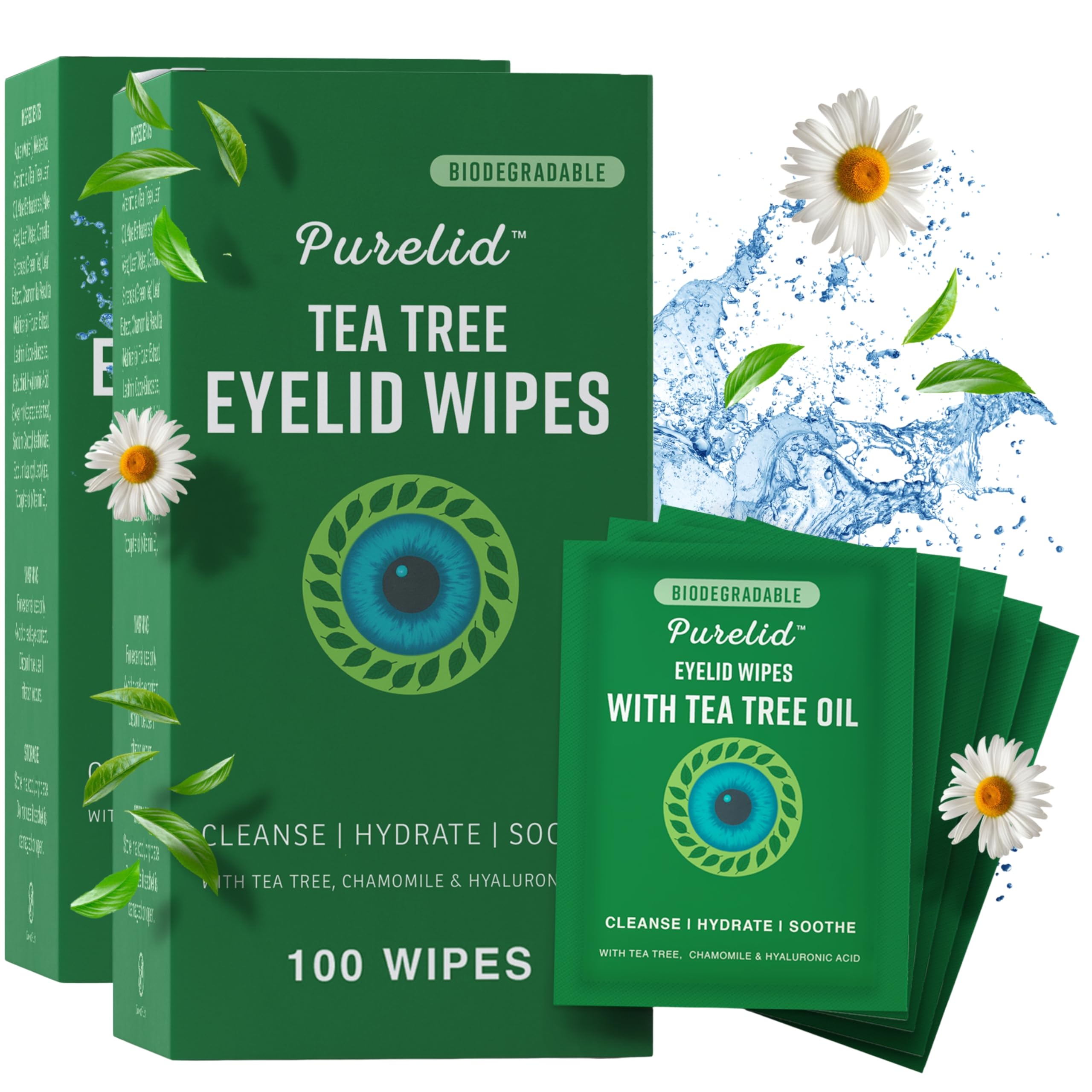 PURELID 200 PCs Tea Tree Eyelid Wipes – Cleaning Eye Wipes for People with Dry Eyes – Gentle Eyelid Cleanser with Hyaluronic Acid, Chamomile and Aloe