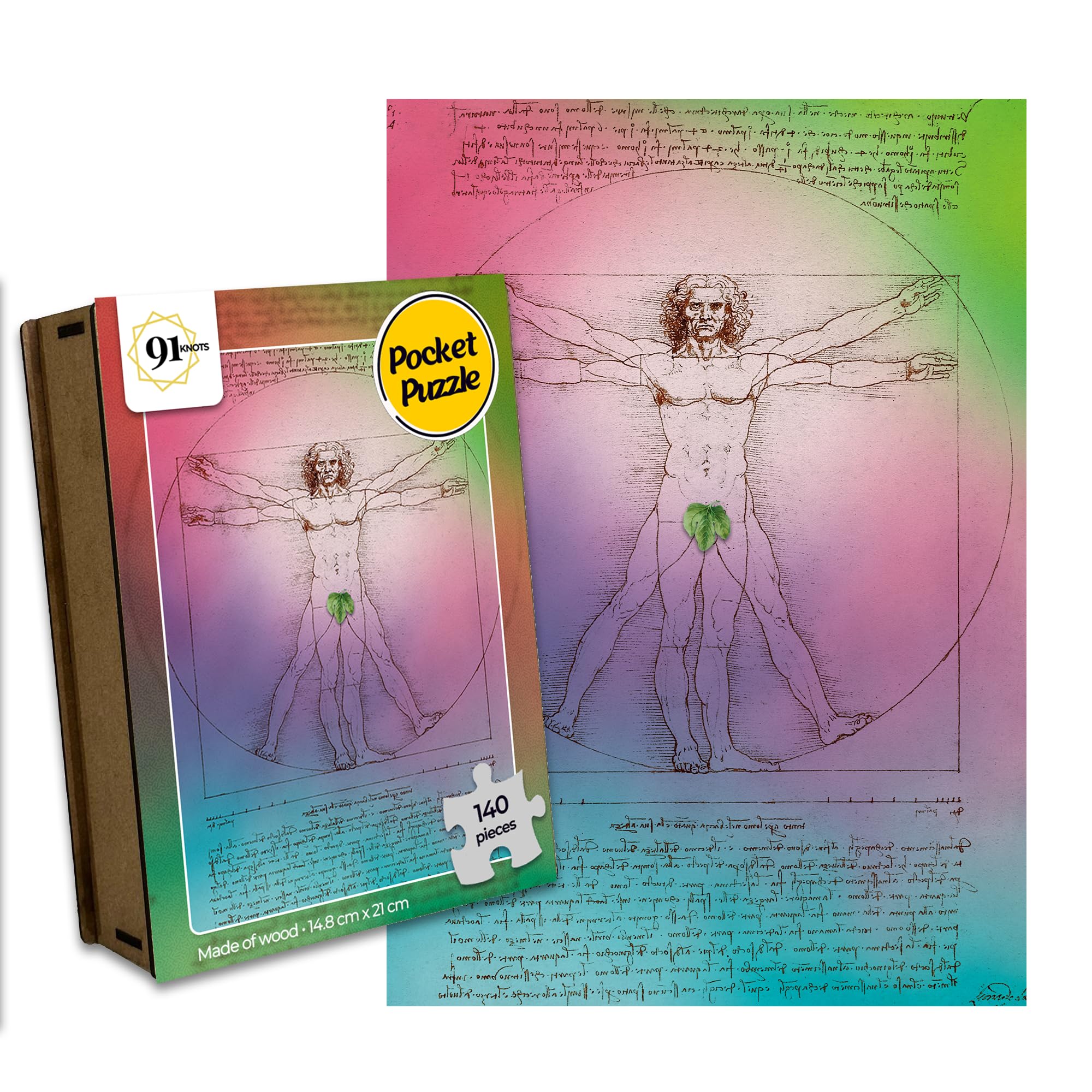 91Knots - Virtuvian Man 140 Pieces Wooden Jigsaw Puzzle for Adults and Kids 5+ Years | Leonardo Da Vincis Artwork | Pocket Puzzle Games & Toys for Above 5+ Years | Puzzle for Kids | Christmas Gifts (B0DBQYGT8J) Amazon Price History, Amazon Price Tracker