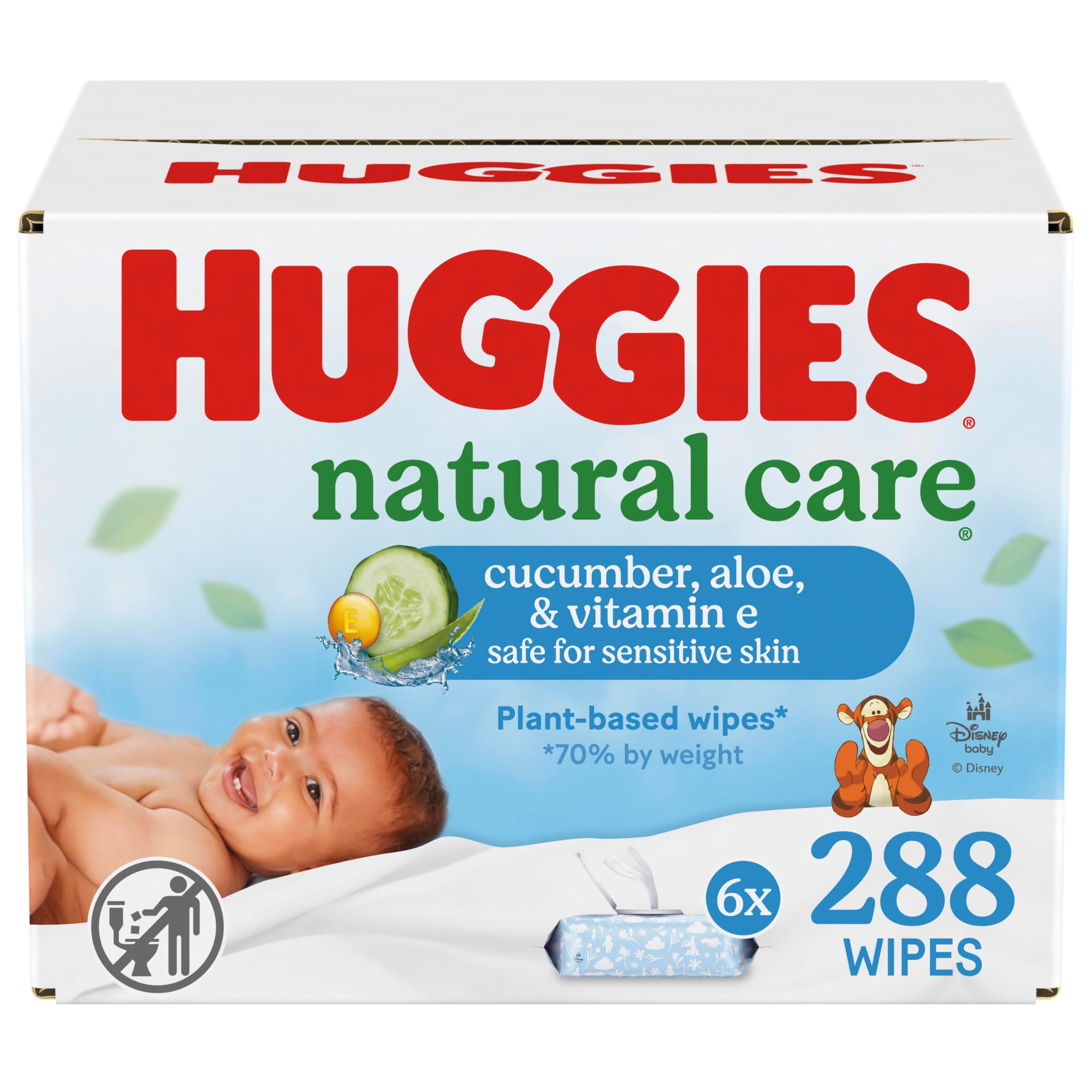 Huggies Natural Care Cucumber, Aloe and Vitamin E Baby Wipes, Hypoallergenic, Scented, 6 Flip-Top Packs (288 Wipes Total), Packaging May Vary