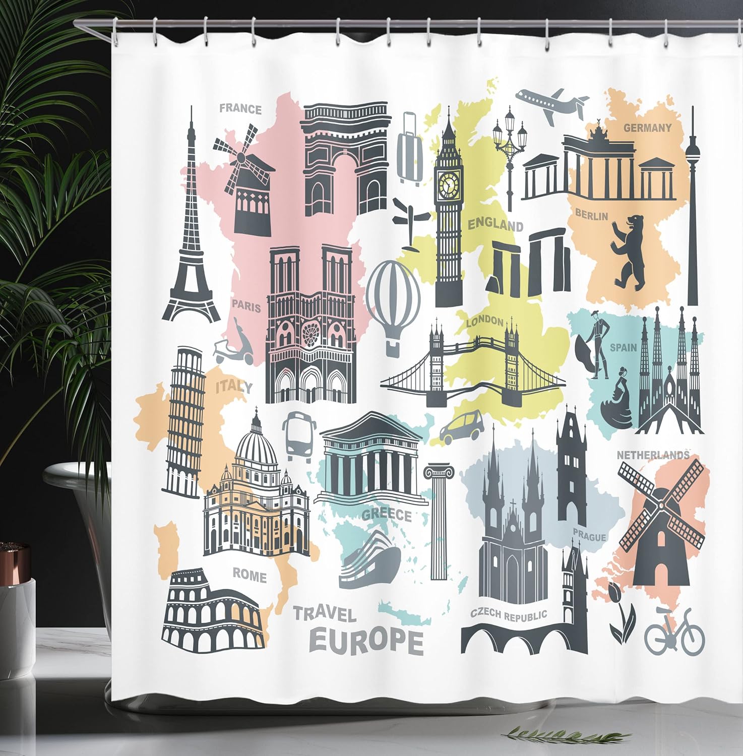 Ambesonne Travel Shower Curtain, Travel Europe Themed Landmark Silhouettes and Colorful Maps Print, Cloth Fabric Bathroom Decor Set with Hooks, 69" W x 75" L, Purpleblue Multicolor