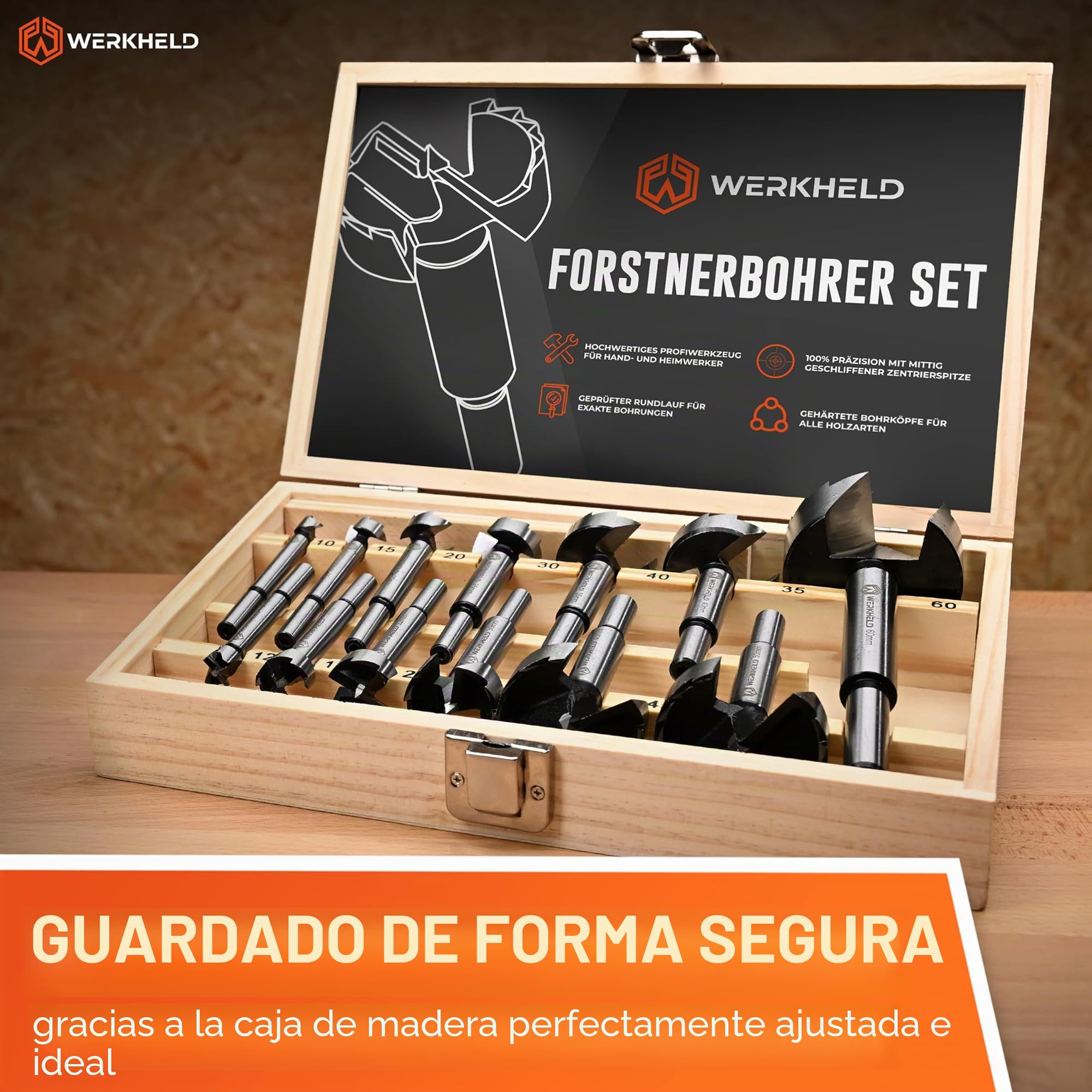 Juego de brocas Forstner [13 brocas perforadoras de 10 a 60 mm] – Herramienta profesional para taladros precisos y limpios en madera [incluye caja para almacenamiento]