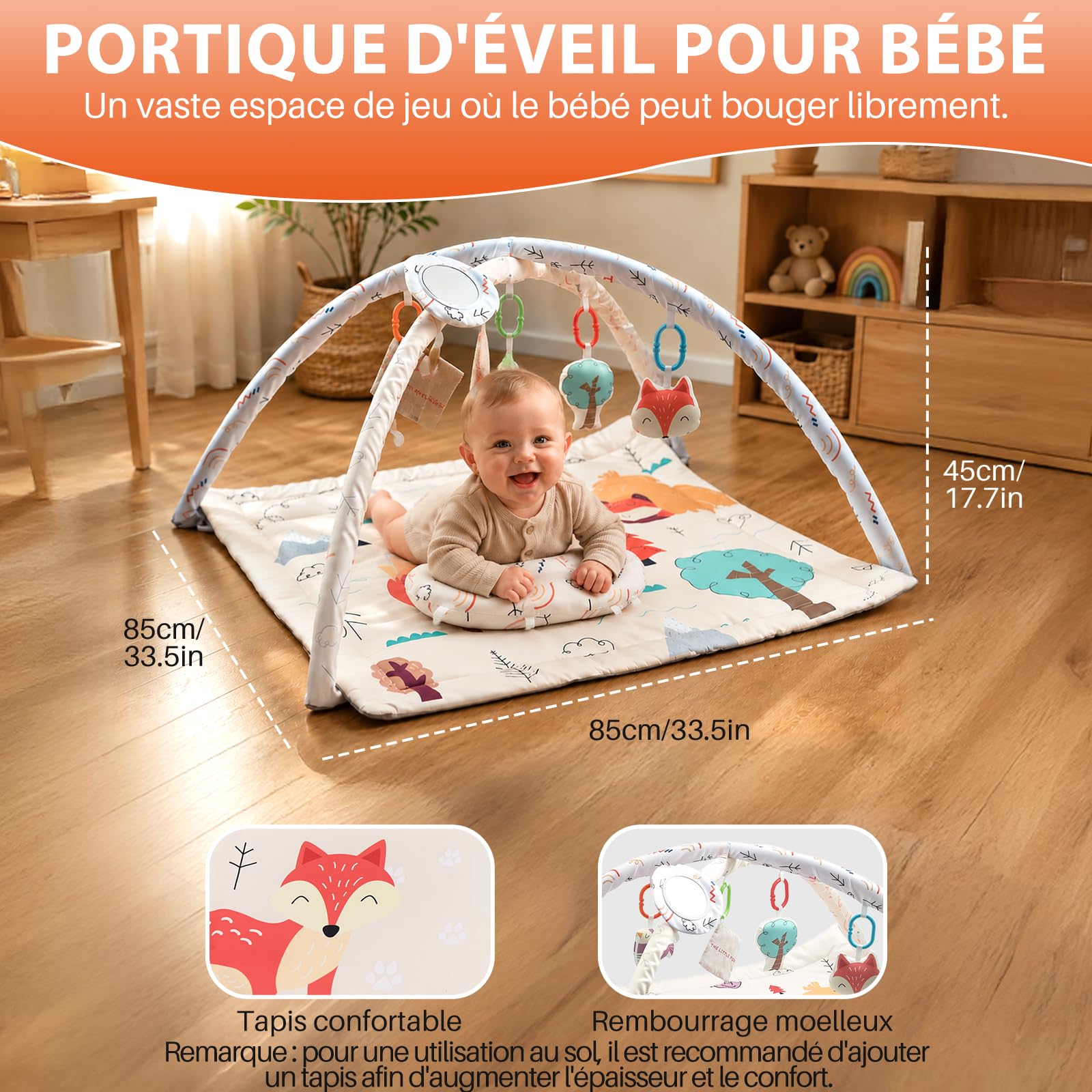 FUNYKICH Tapis D’Éveil pour Bébé Tapis de Jeu Multifonctionnel | Tapis d’éveil bébé avec jouets sensoriels renard,hochet,papier sonore,miroir et coussin ventral pour tummy time 0-18 mois
