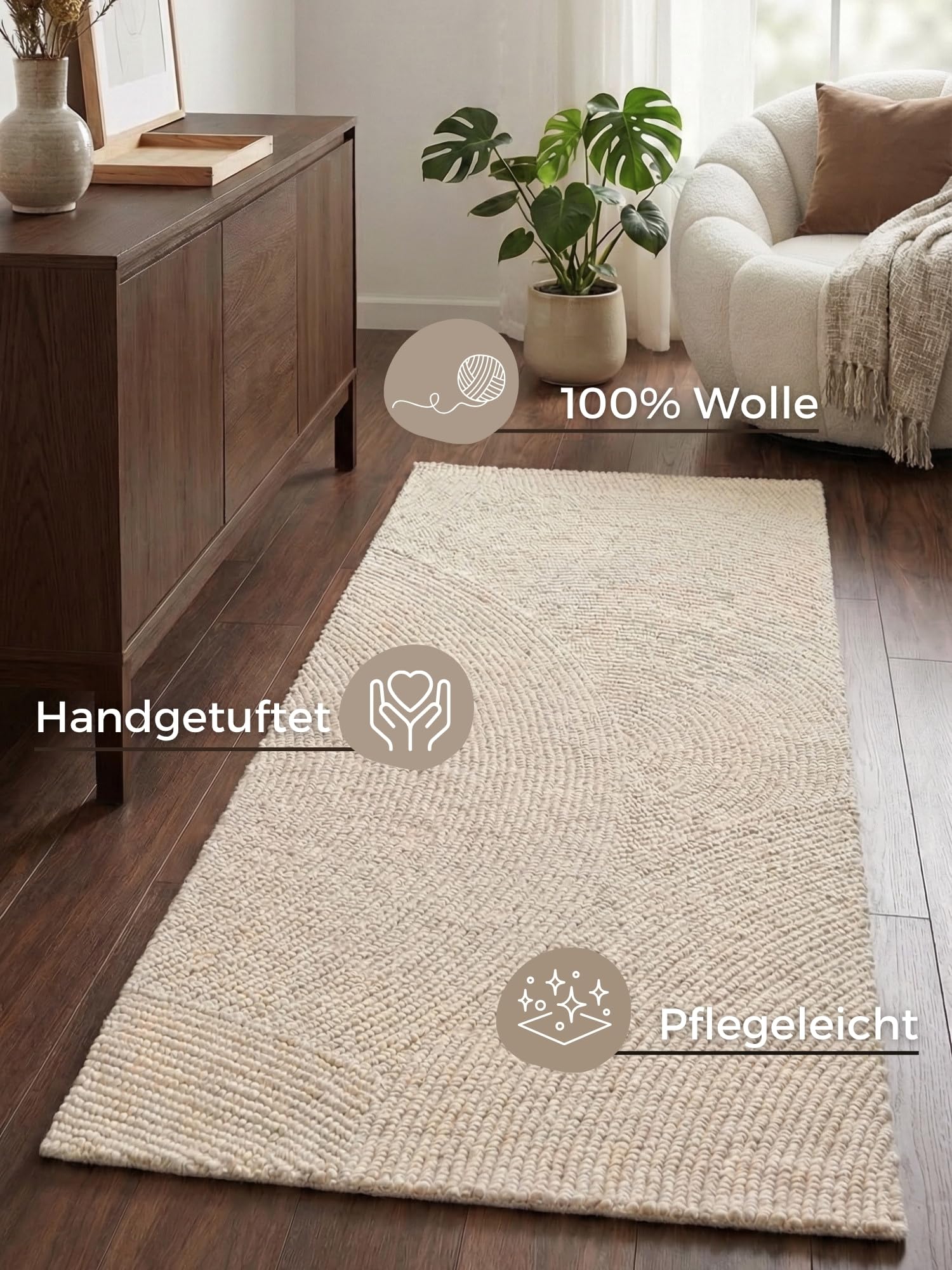 Hanse Home Wollteppich Calmio - Natur Wohnzimmerteppich - Handgetuftet - Hygge Skandi, Boho Läufer Wolle für Wohnzimmer, Schlafzimmer, Esszimmer, Flur - Natur Weiß, 80x300cm