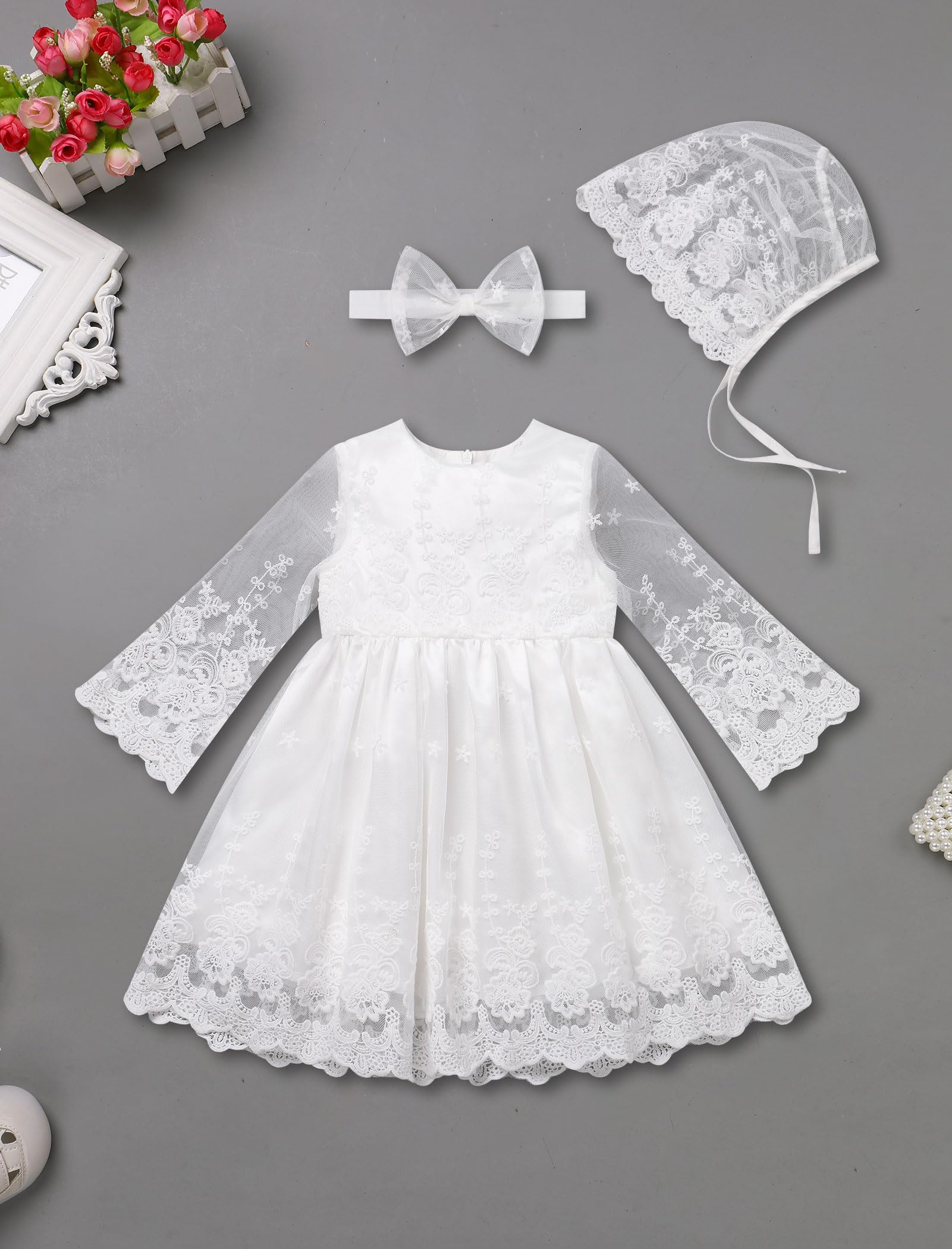 FYMNSI Baptism Dresses for Baby Girls Christening Outfit Infant Newborn Long Sleeve Floral Lace Ruffle Tulle Tutu Dress Bonnet Headband 3PCS First 1st Communion Birthday Clothes White Floral 6-9M