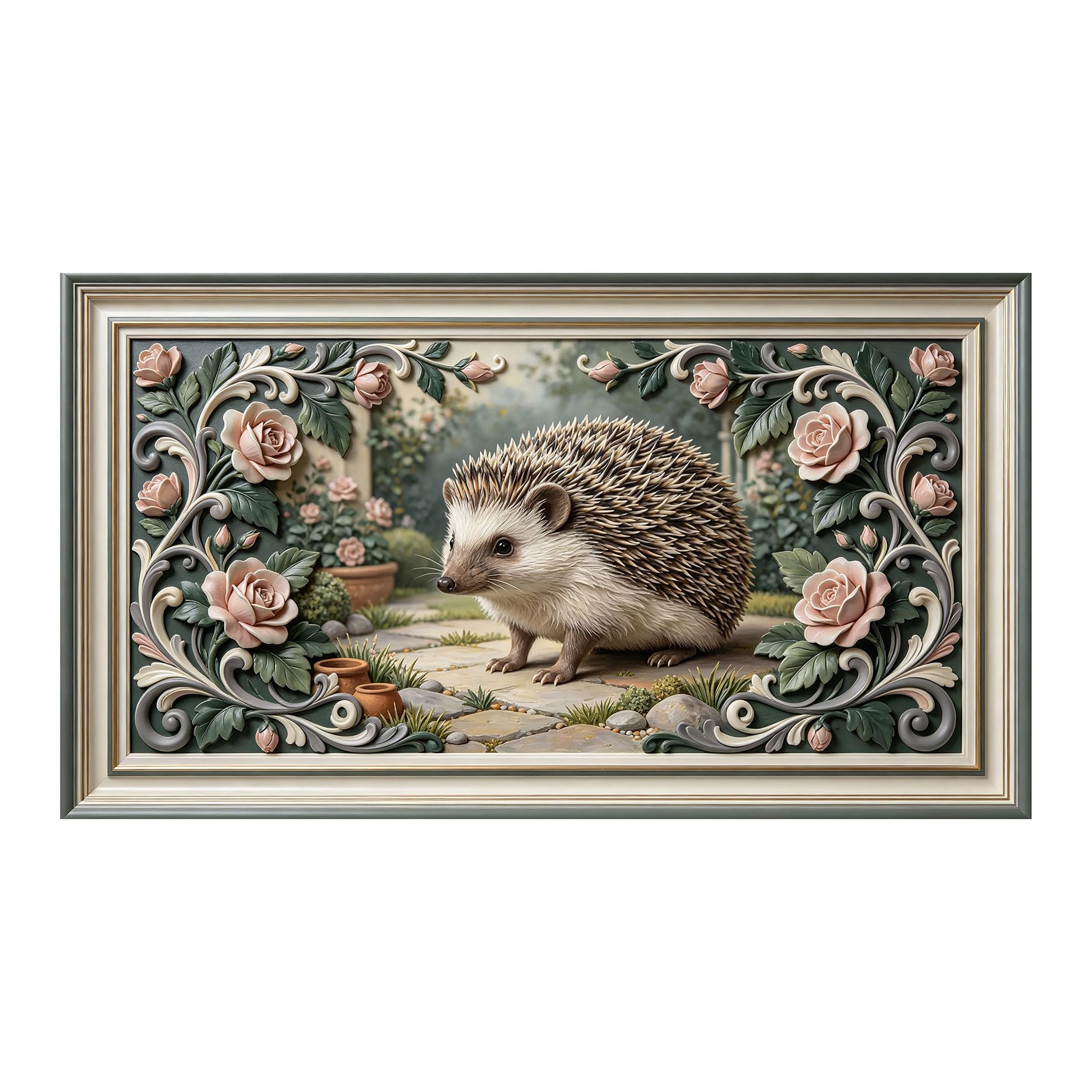 Yzpallescene 3D 3D Framed Wall Art 50cm×90cm Hedgehog Garden Floral Baroque Style Large Size SelfAdhesive Removable Wall Decor Prints Artwork for Living Room Bedroom Office