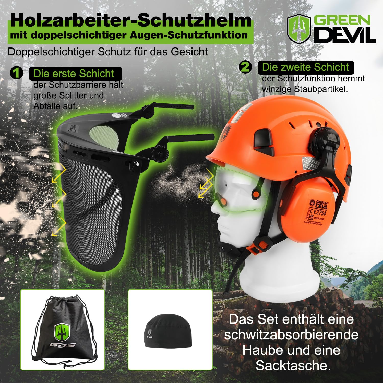 GREEN DEVIL 5-in-1 Forstschutzhelm Set - Kettensägenhelm mit eingebauter Schutzbrille, Maschenvisier & SNR 31dB Gehörschutz + Helmleuchte mit Bewegungssensor
