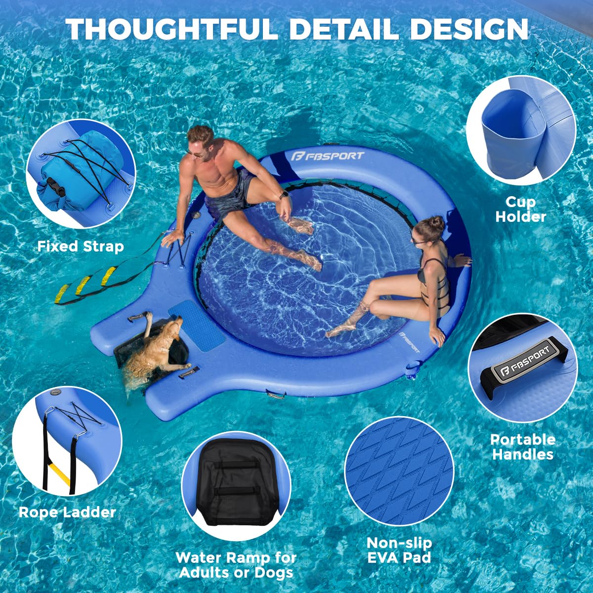 Plateforme Gonflable Flottante Sunchill Rond 240 cm avec Rampe pour Chiens, Hamac Flottant Piscine pour 3 à 5 Personnes, Îlot Flottant Antidérapant avec Échelle, pour Piscine, Plage et Mer