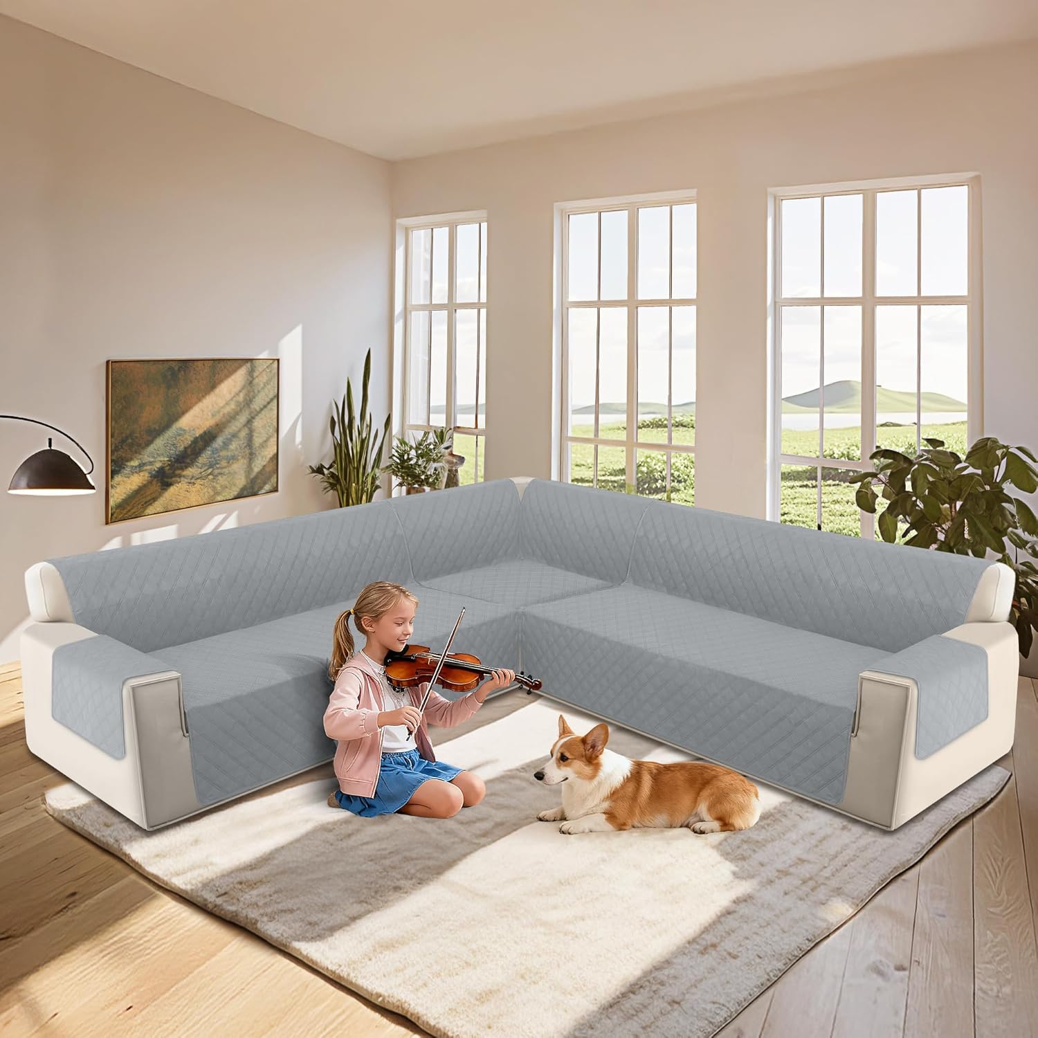 HDCAXKJ L Shape Couch Cover 4 Pcs Corner Sectional Sofa Slipcovers Sets for Pets Dogs Washable Non Slip U Shaped Furniture Protector (Silvery Gray, Small)