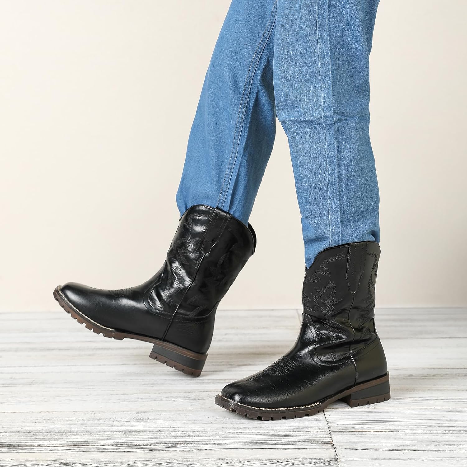 Amoji Square Toe Men Cowboy Boots Western Boot Classic Embroidered Pull On Country Boots