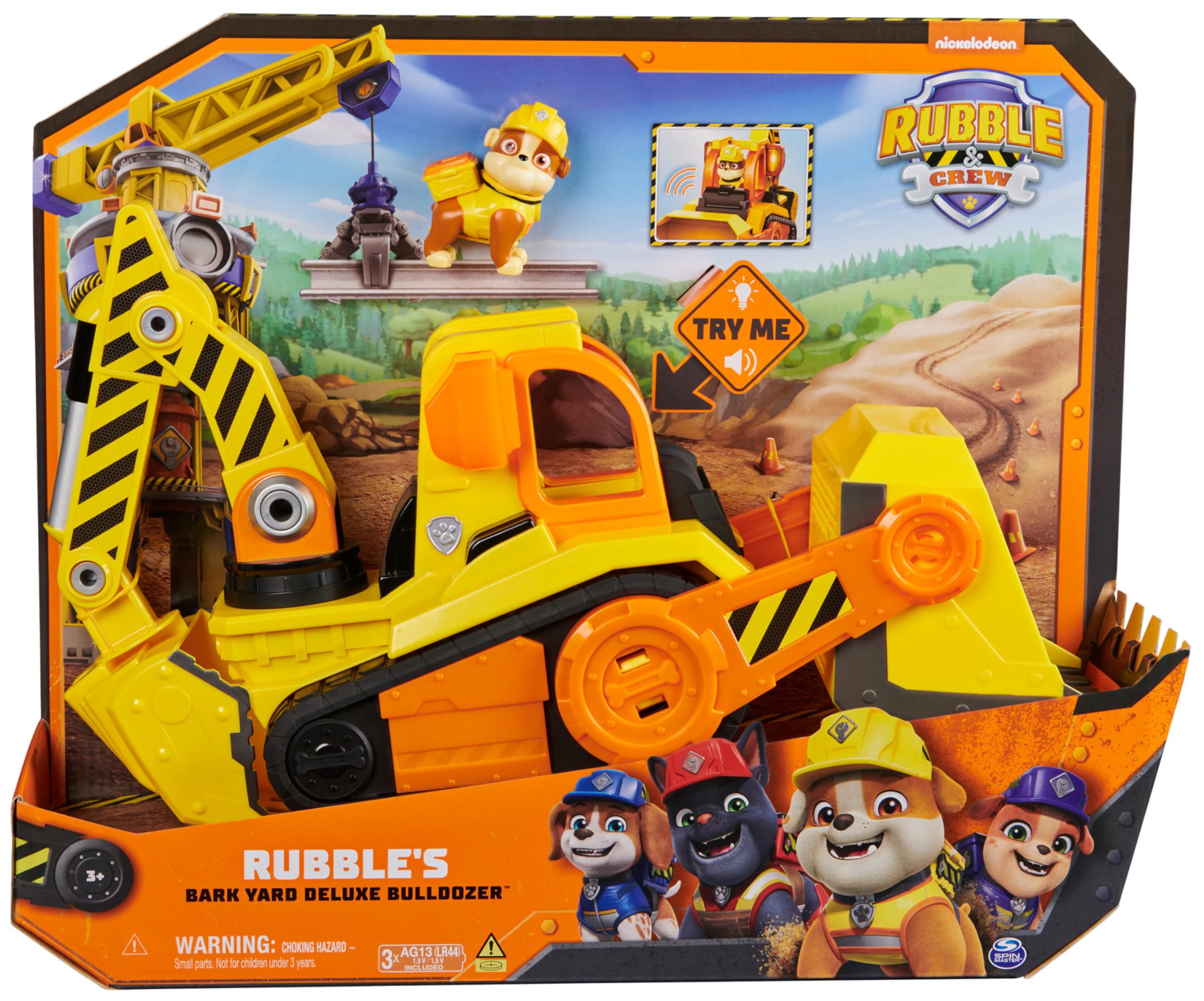 Rubble & Crew, Veicolo da lavoro Deluxe di Rubble, Bulldozer da cantiere con luci, suoni e personaggio, giocattoli per bambini e bambine dai 3 anni in su