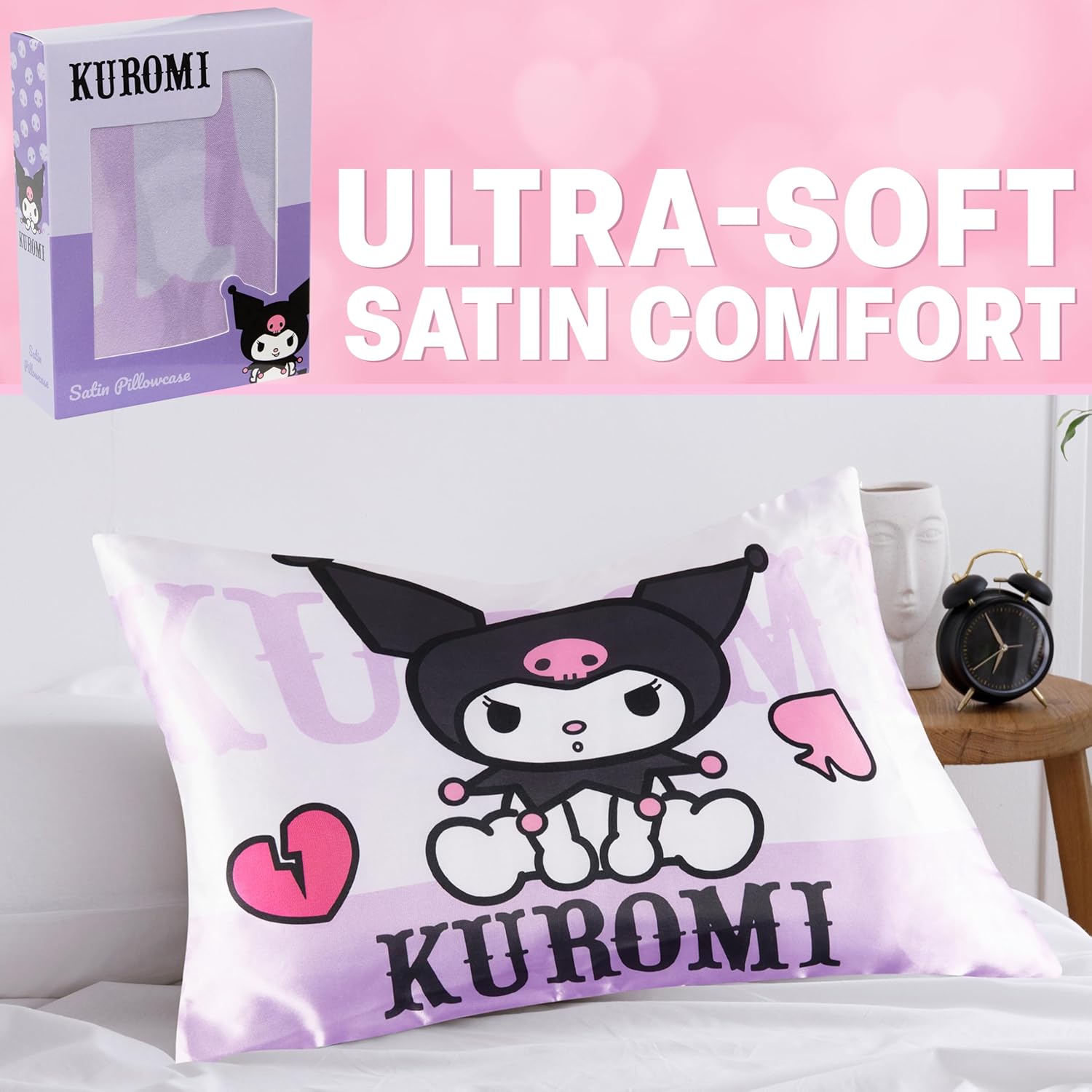 Get Trend Hello Kitty Gifts Kuromi Satin Pillowcase 19x26in, Sanrio Zipped Pillow Covers for Hair Skin, Smooth Glossy Kawaii Gifts for Women, Teens - Image 2