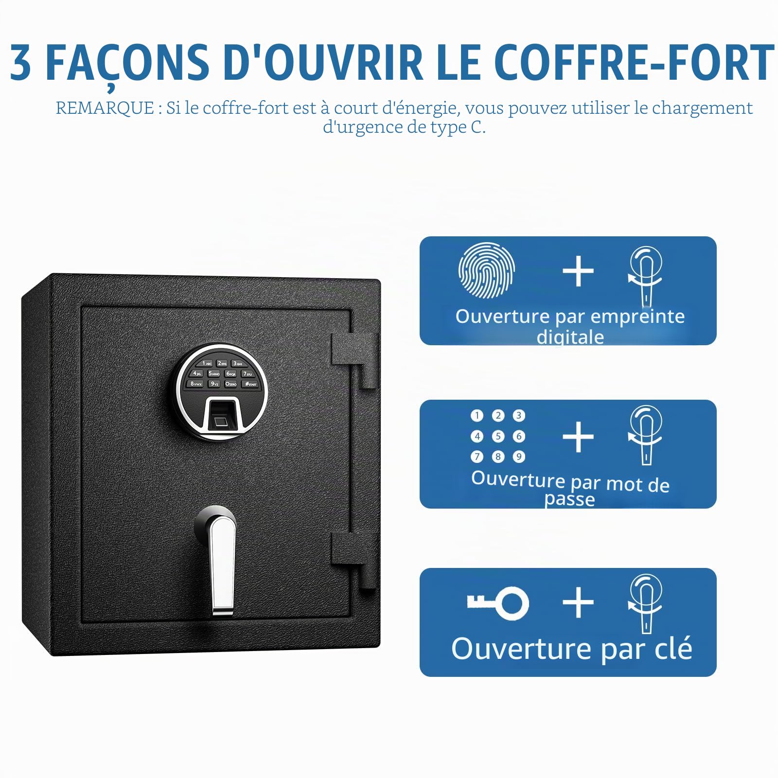 45L Biométrique Coffre Fort Ignifuge,Safe à Empreintes Digitales-40*36*31cm | avec Clavier Numérique et Chargement de Type-C, Coffre Fort Etanche pour l'Argent, la Maison, l'Hôtel, le Bureau