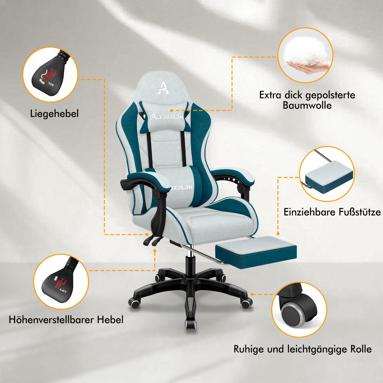 ALFORDSON Massage Gaming Stuhl Gamer-Stuhl ergonomischer Bürostuhl, Schreibtischstuhl Rennstuhl Verstellbarer, 360° Drehstuhl, höhenverstellbarer PC-Stuhl, Neigungswinkel 90°-150°, Dunkelblaugrün