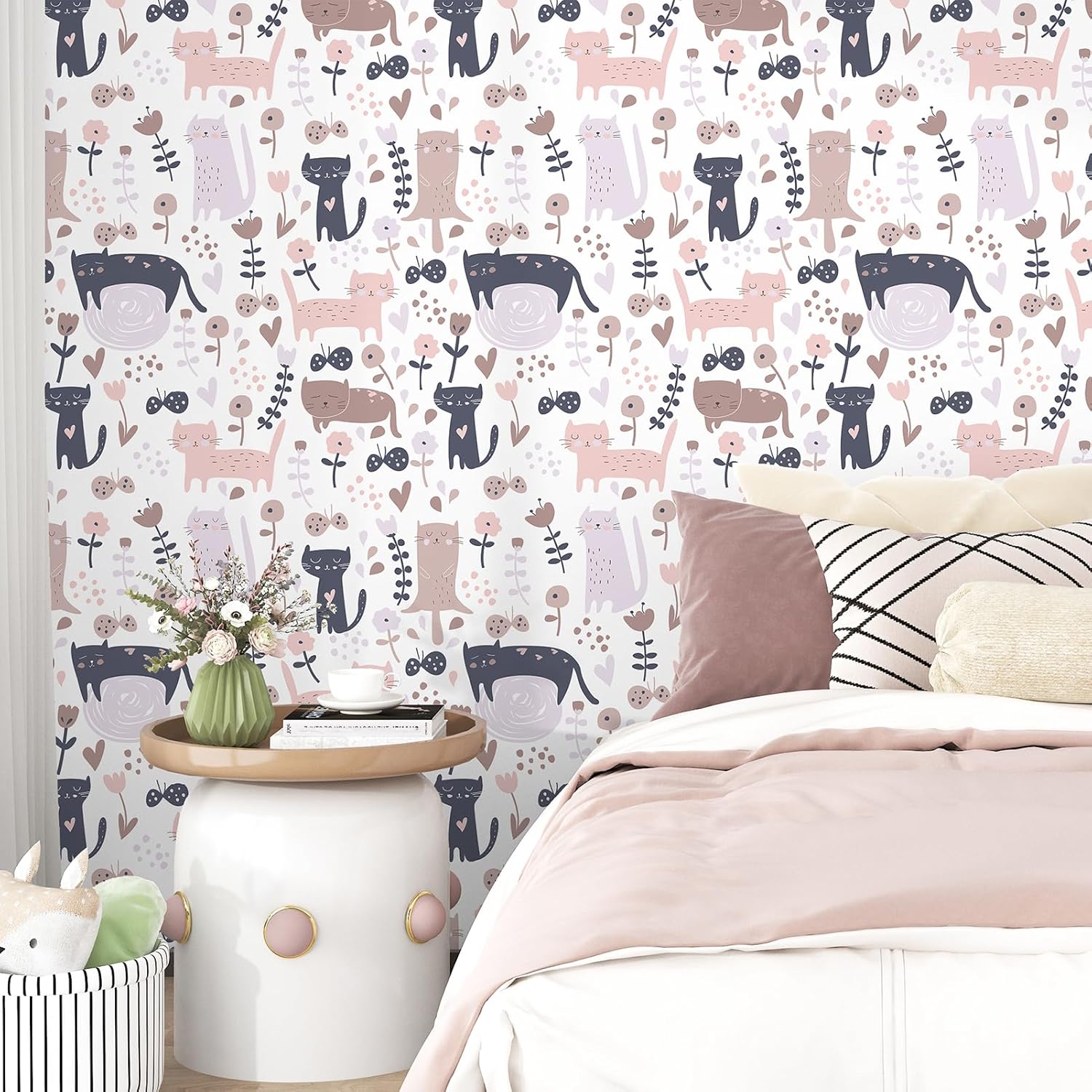 Pink/Purple Cat Wallpaper Peel and Stick Cute Cartoon Floral Wallpaper for Kids Room Nursery 17.5"x102" Funny Kitten Self Adhesive Removable Contact Paper for Cabinets Farmhouse Walls Decor