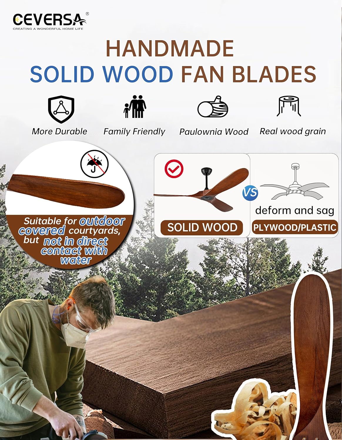 60 Inch Outdoor Ceiling Fan no Light,Solid Wood Ceiling Fan Without Lights with Remote Control/Wall Control Switch,Large 3 Blades Outdoor Walnut Propeller for Patio,Porch,Living Room,Bedroom