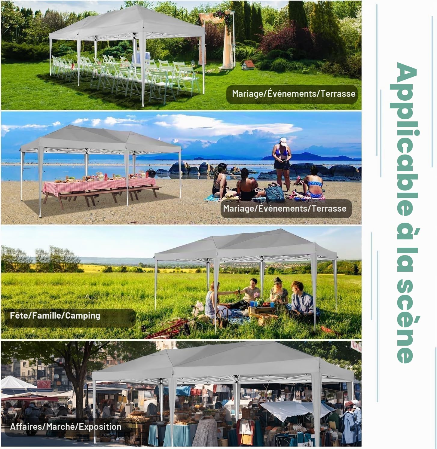 COBIZI Tonnelle Pliante 3 x 6 m étanche et Stable - Tente de réception d'extérieur 3 x 6 m avec 6 parois latérales - Anti-UV - pour Mariage, extérieur, Jardin, fête, marché (Gris)