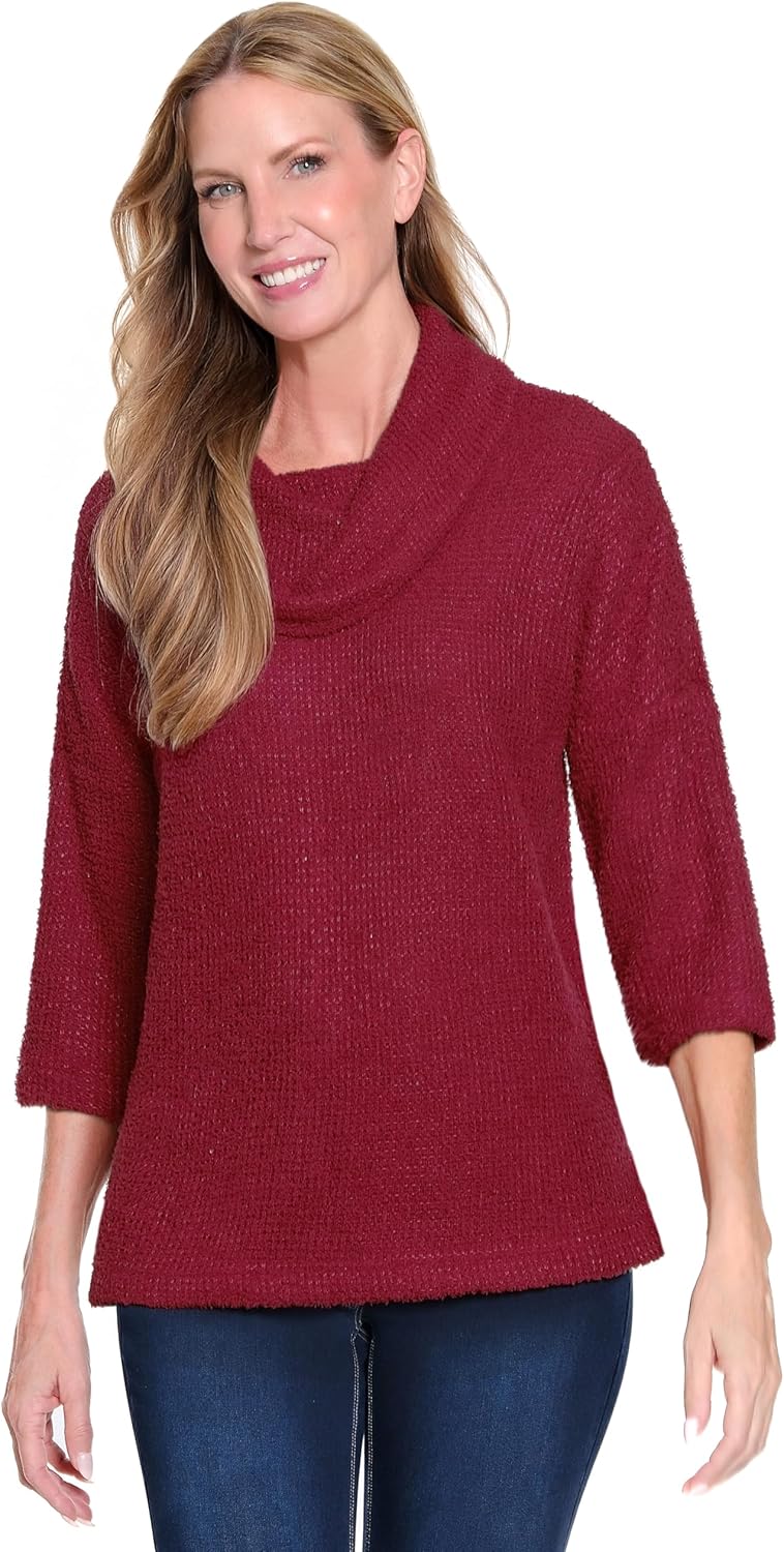 Ali Miles Knit Sweater Pop-Over Cowl Neck Three Quarters Sleeves Back Button Detail