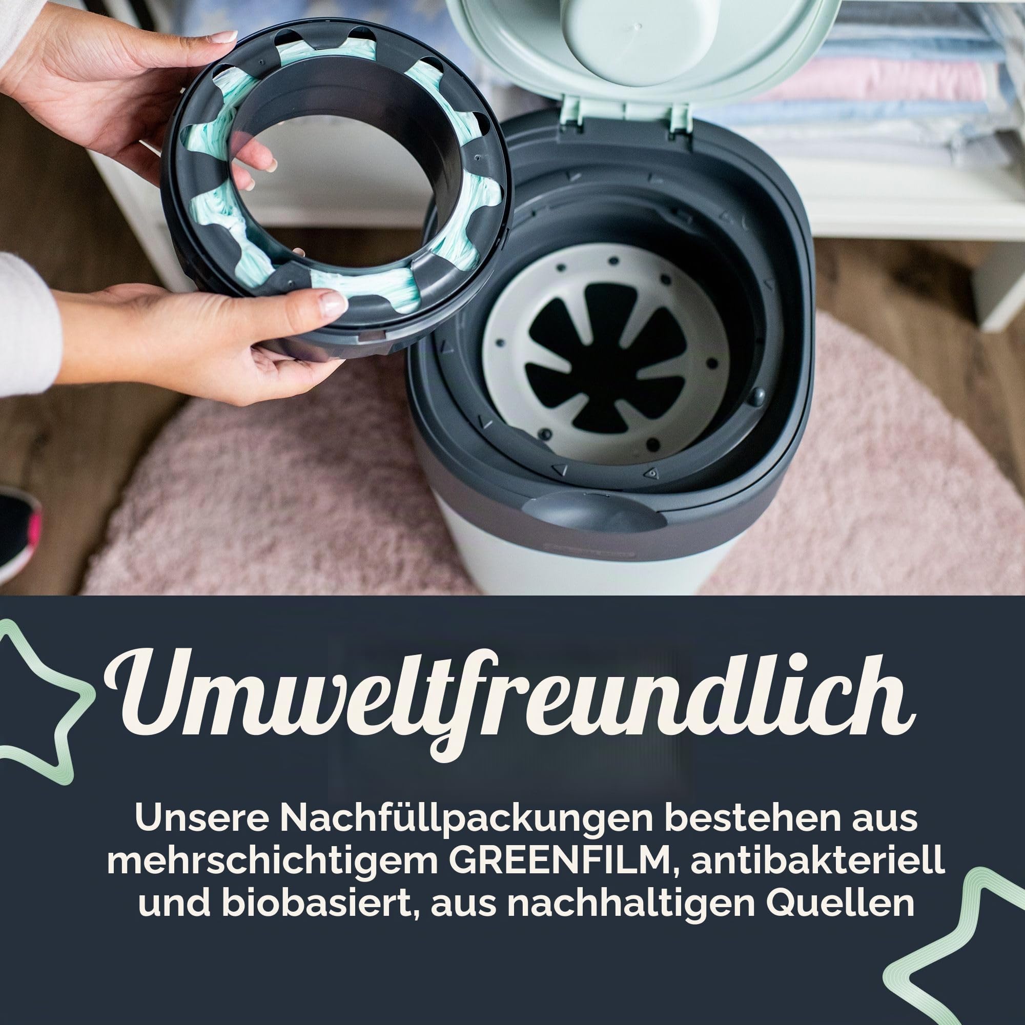 Tommee Tippee Nachfüllkassetten für Twist & Click Advanced Windelentsorgungssystem mit Nachhaltig Bezogener Antibakterieller GREENFILM-Folie, 12-er Pack